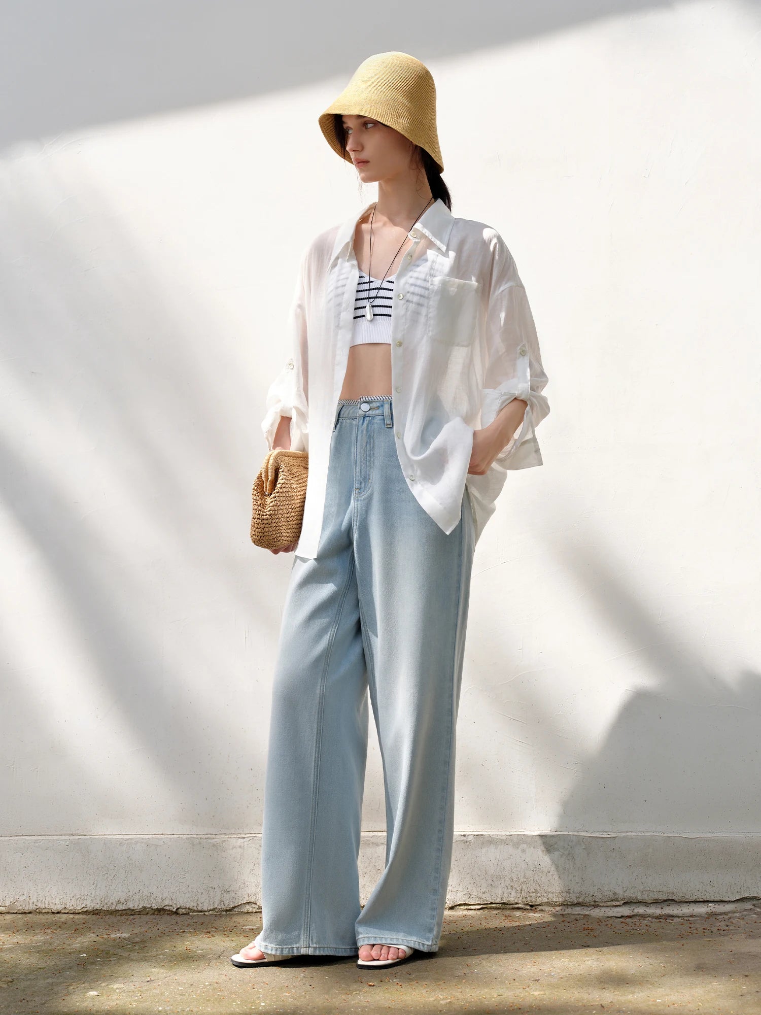 DUSHU Light-colored Jeans Summer 2025 New Style Fashionable All-match High Waist Striped Stitching Straight Pants 25DS82744