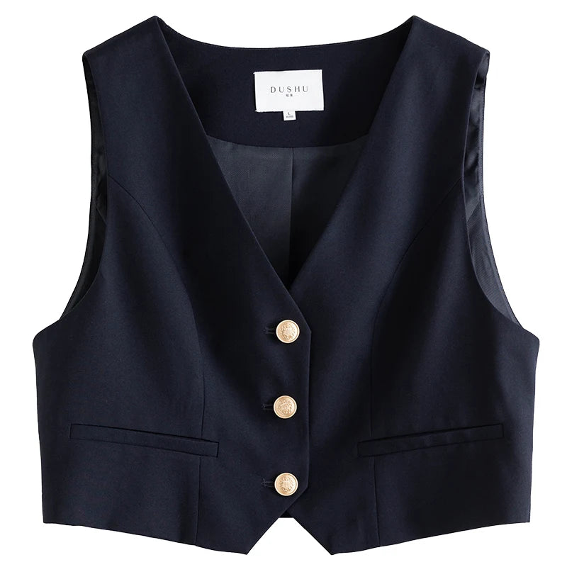DUSHU Preppy Style Detachable Tie Shirt Vest Two-piece Set for Women Spring New Navy Blue and Khaki Color Shirt + Vest Female