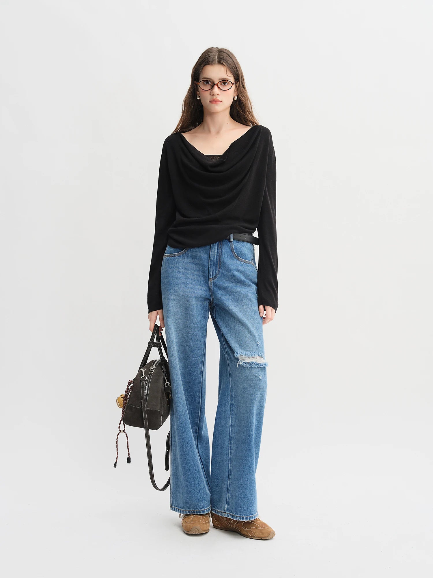DUSHU Lyocell Slimming Sweater 2025 Autumn New Arrival Black Long-sleeved Top with Ruffled Collar 25DS83052