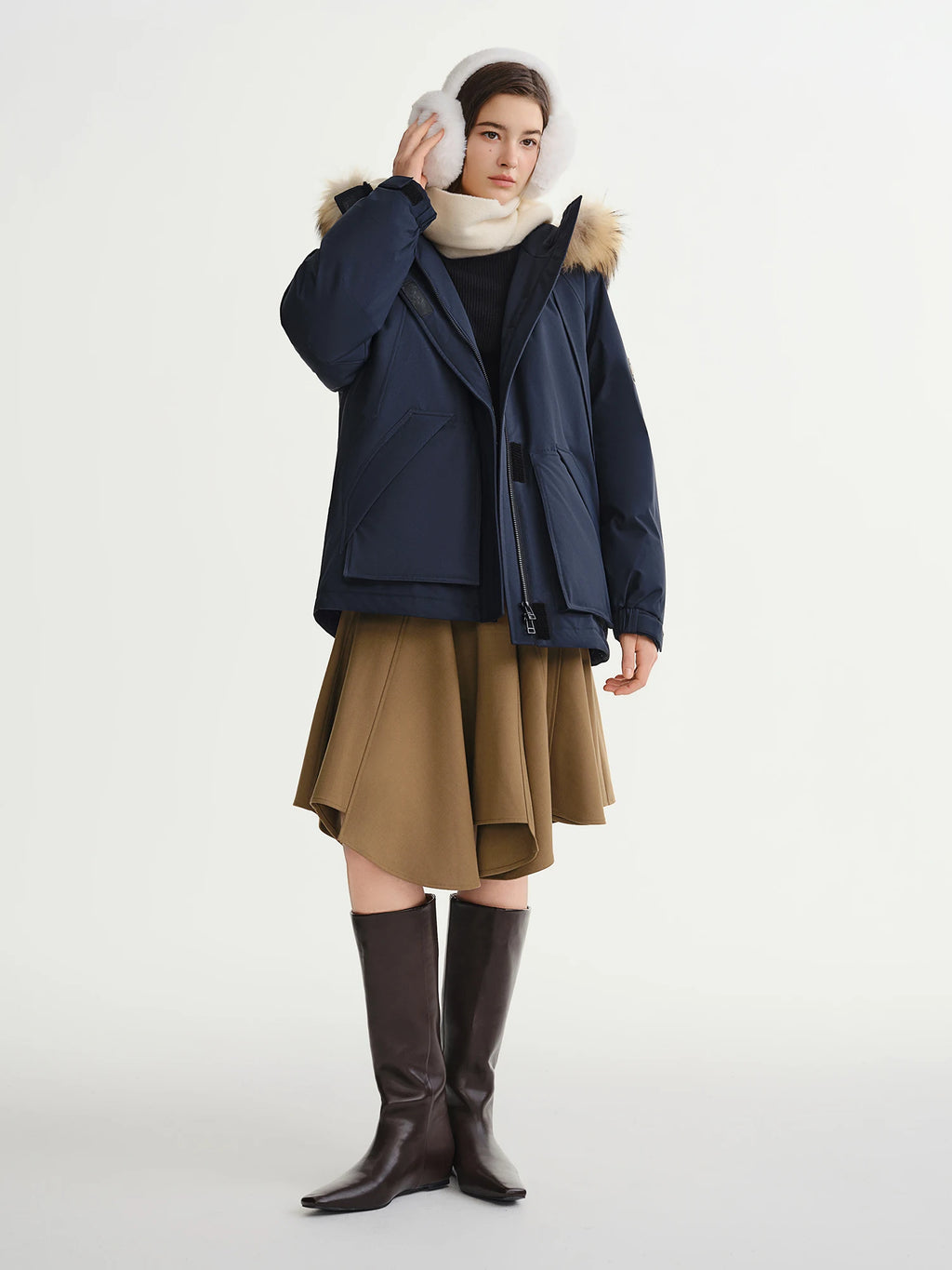 DUSHU 2025 Winter Women's Utility Parka with Detachable Faux Fur Collar and White Duck Down Fill for Warm Winter Protection