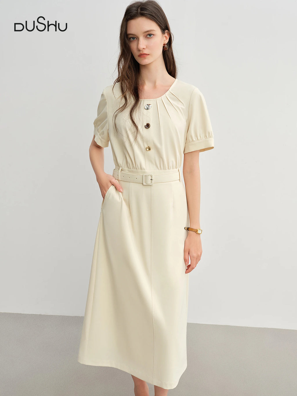 DUSHU Summer 2025 Textured Shift Dress - Fluid Waist Streamlined Silhouette Round Neck Resort to Office