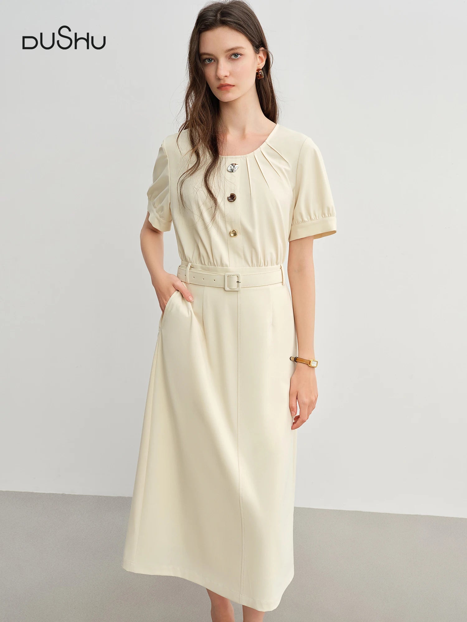 DUSHU Summer 2025 Textured Shift Dress - Fluid Waist Streamlined Silhouette Round Neck Resort to Office