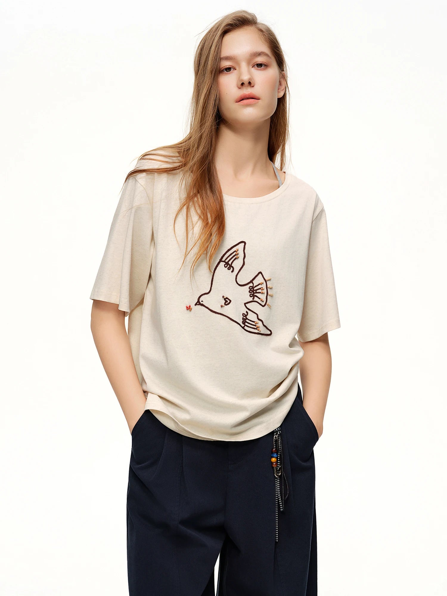 DUSHU Layering for Women Fashion Chain-Embroidered Pearl-Adorned Tank Top Linen-Blend Short Sleeve Off-Shoulder Cotton T-Shirt