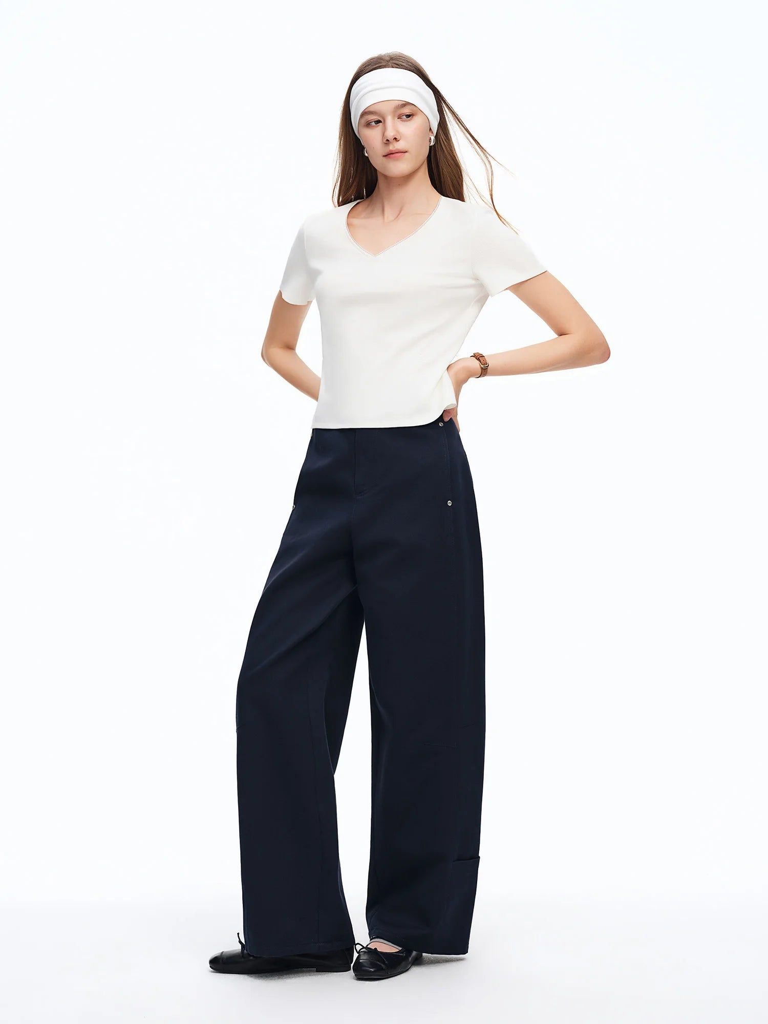 DUSHU Women's Workwear inspired Casual Pants High-waist Ripped Seam Metal Studs Straight-leg Long Pants 2026 Summer New Arrival