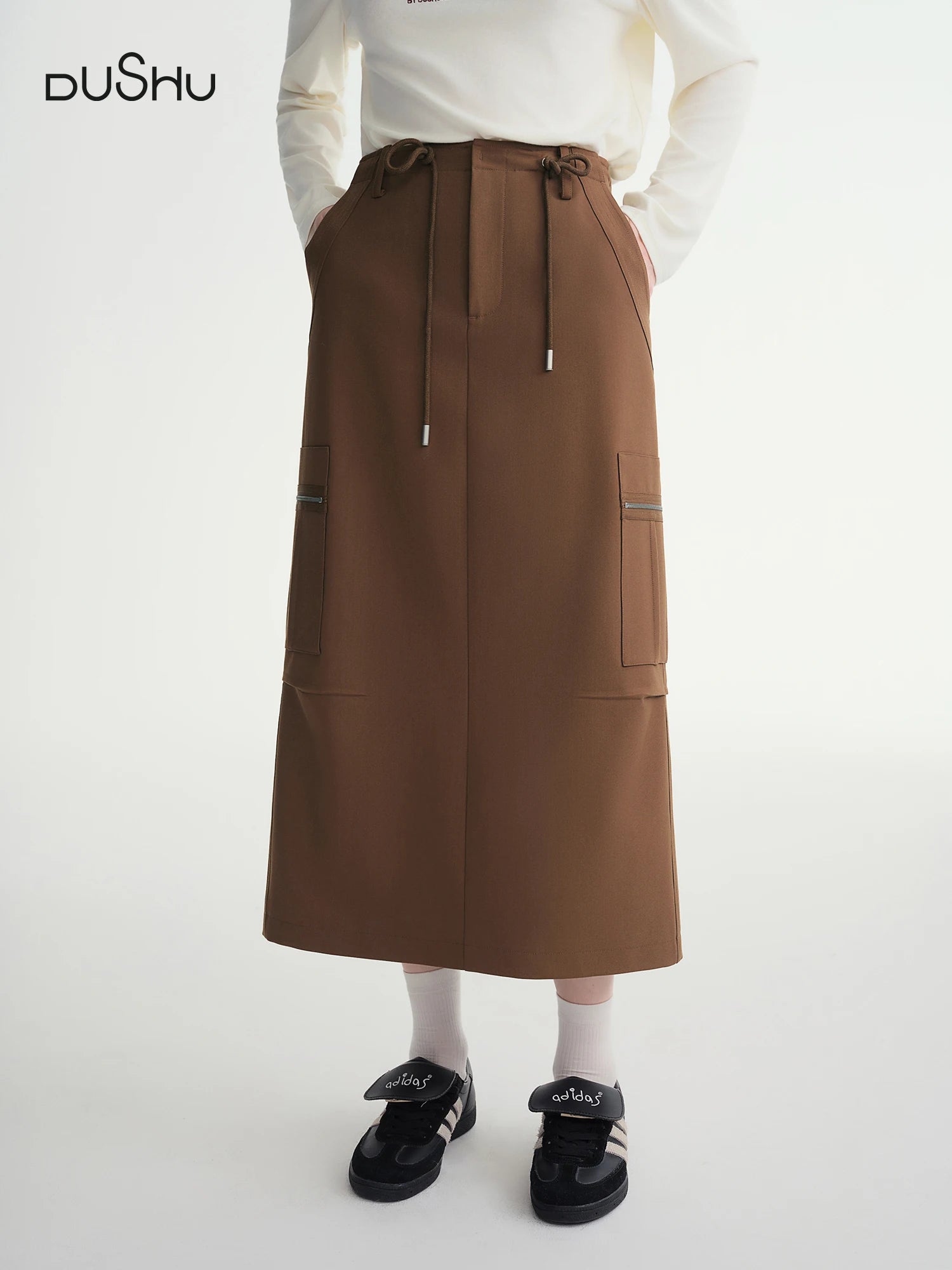 DUSHU Drawstring Design Workwear Style Skirt 2025 Autumn and Winter New Style Drawstring Design High Waist Mid-length Skirt