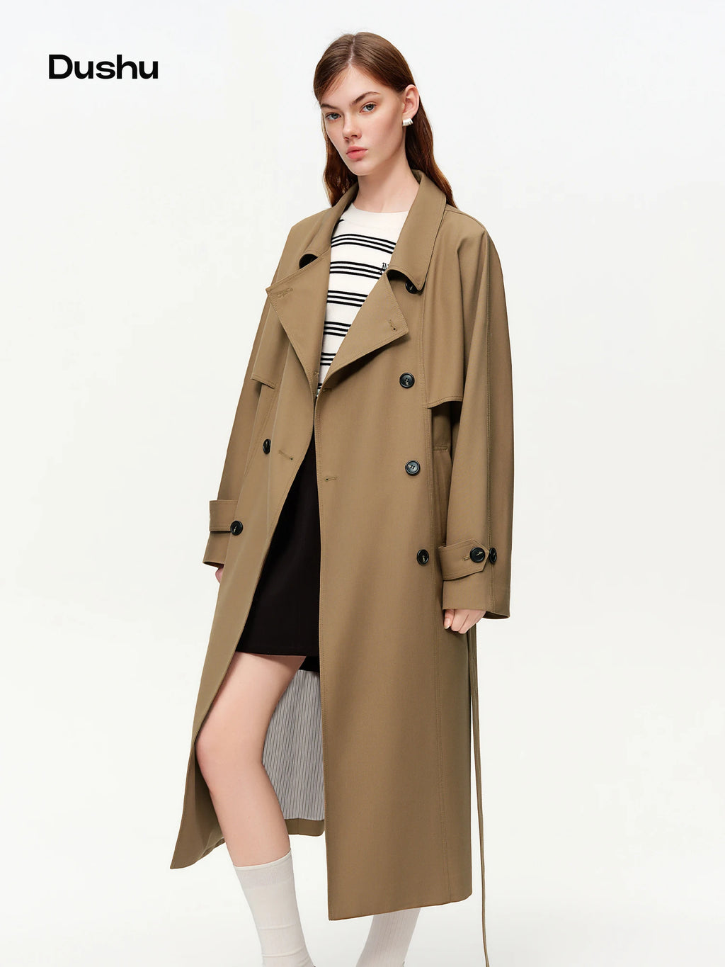 DUSHU Classic Khaki Double Breasted Long Trench Coat - Spring Oversized Lapel Coat with Belted Waist for Casual and Office Wear