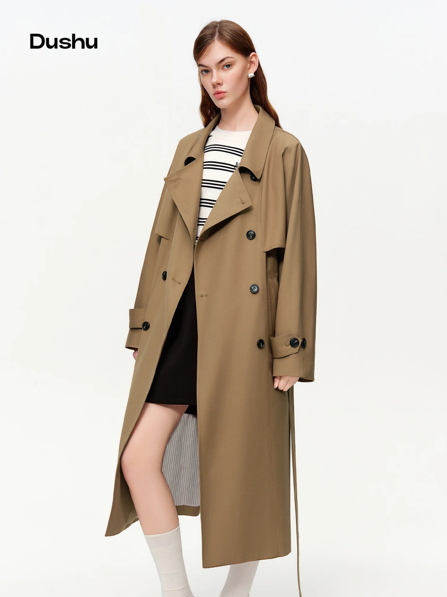 DUSHU Classic Khaki Double Breasted Long Trench Coat - Spring Oversized Lapel Coat with Belted Waist for Casual and Office Wear