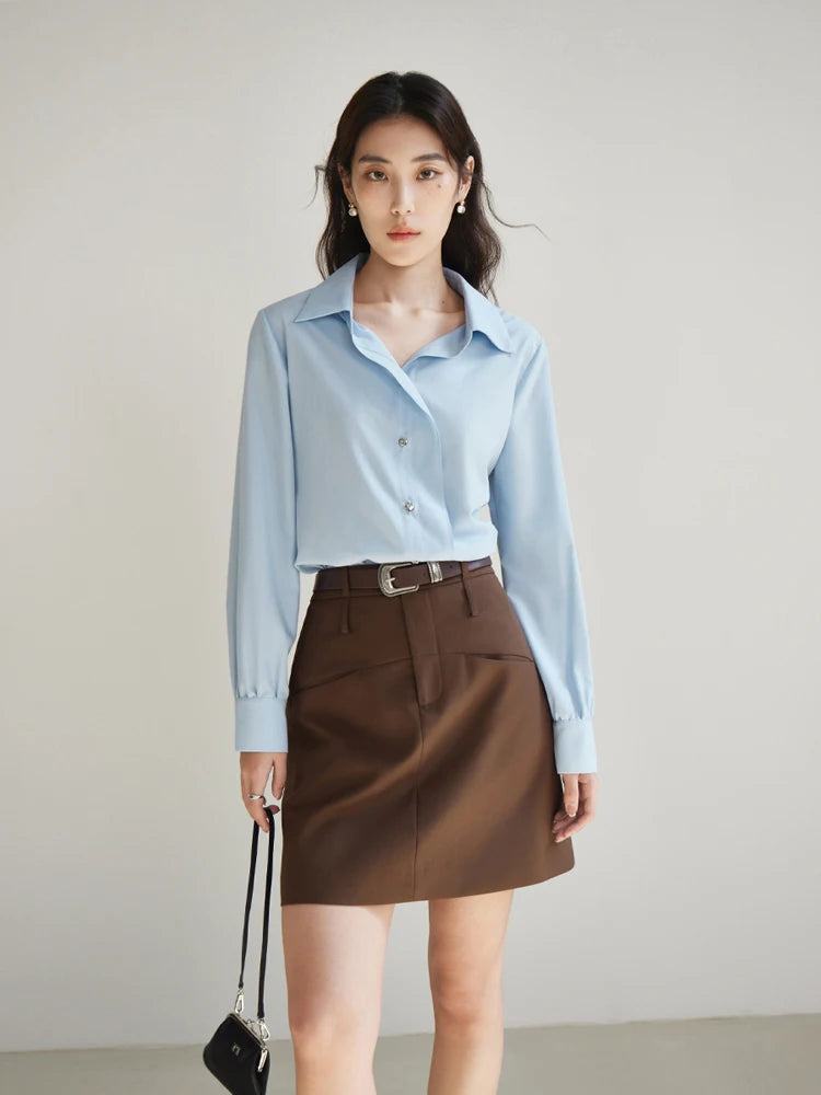 DUSHU【2 Colors】Women Pocket Decoration Commuter Above-Knee Length Spring Skirts High Waist Brown Female Mini A-LINE Skirt