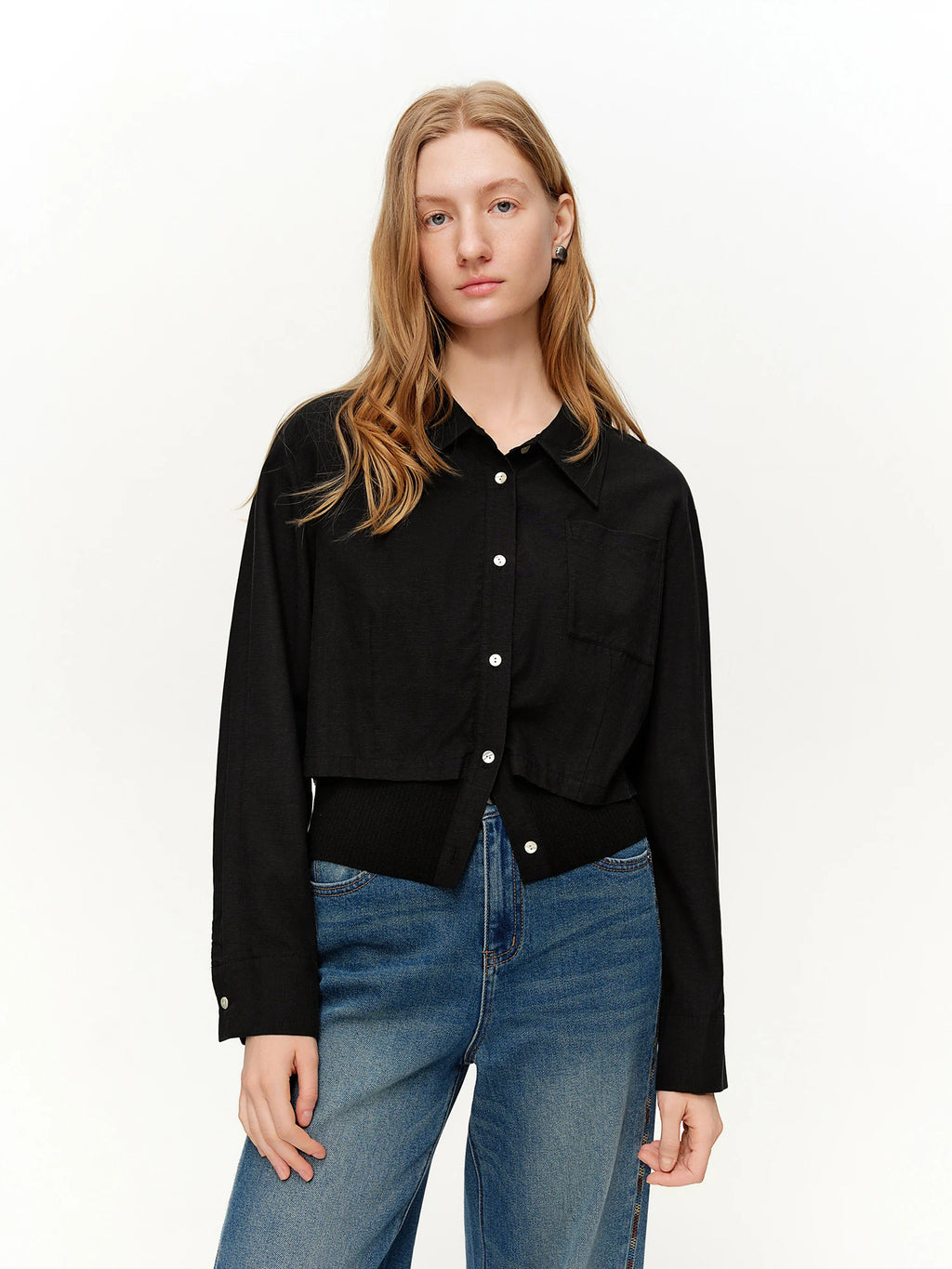 DUSHU 2026 Spring Women's Ribbed Panel Tri-Color Long Sleeve Shirt - Commute Ready Elegant Blouse Versatile Styling for Office