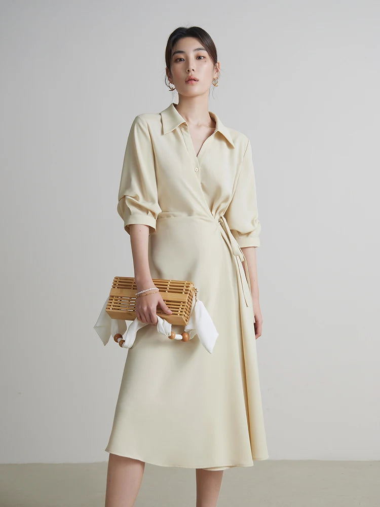 DUSHU 【2 Colors】Women Wrap Design Turn-down Collar Temperament Drape Dress Summer Half Sleeve Black Long A-LINE Dress 24DS82102