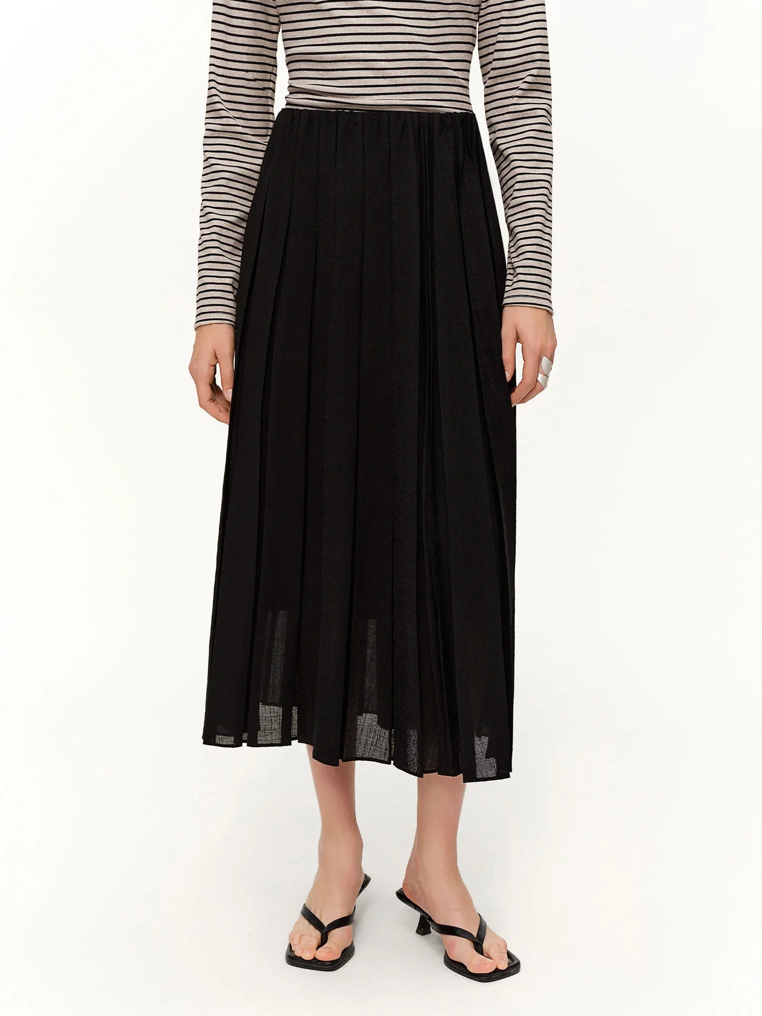DUSHU 2026 Spring Women's A-Line Pleated Midi Skirt - Elegant Flowly Long Skirt with High Waist for Casual and Office Wear