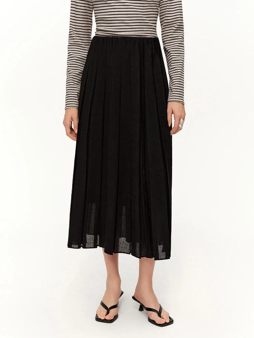 DUSHU 2026 Spring Women's A-Line Pleated Midi Skirt - Elegant Flowly Long Skirt with High Waist for Casual and Office Wear