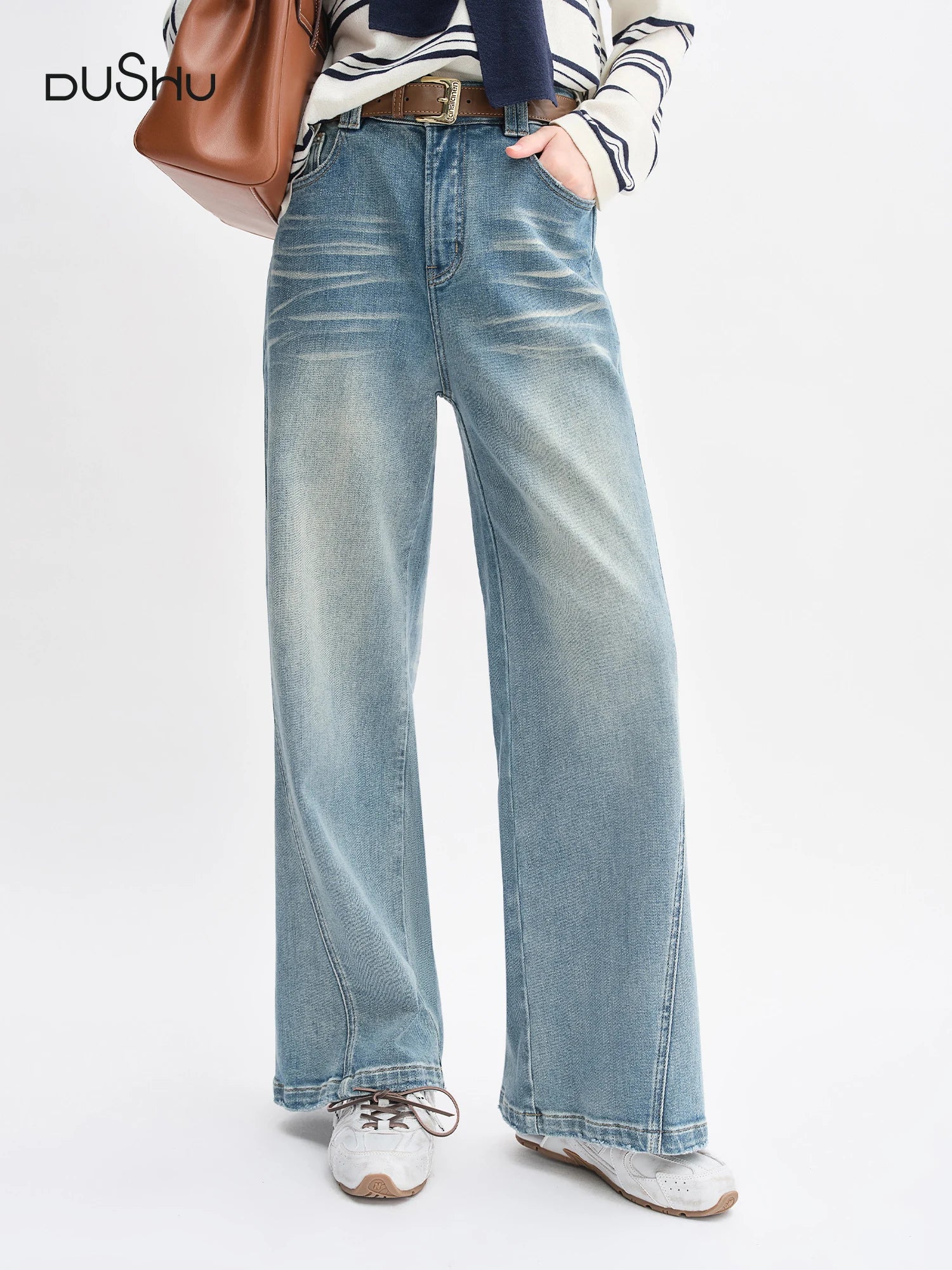 DUSHU Plus Size Design Sense Retro Washed Blue Straight Jeans High Waist Drape Slim Wide Leg Pants 2025 New Arrival 25DS83034