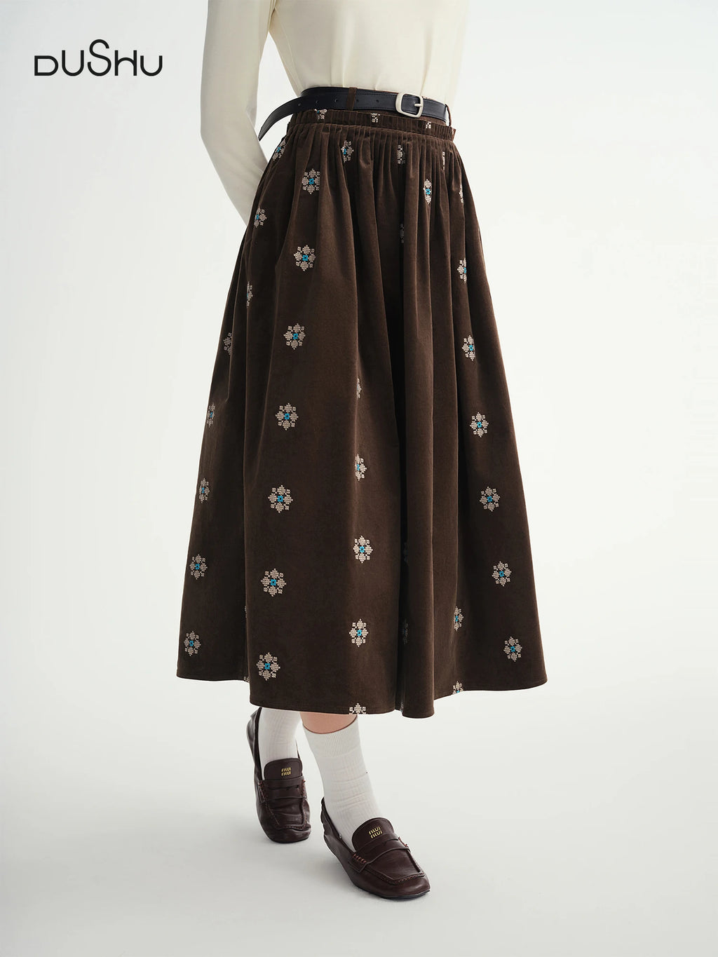 DUSHU Black Skirt Embroidered Retro Stretch Corduroy A-line Skirts Mid-calf Length Pleated Commuting Gothic Retro Elegant Ladies