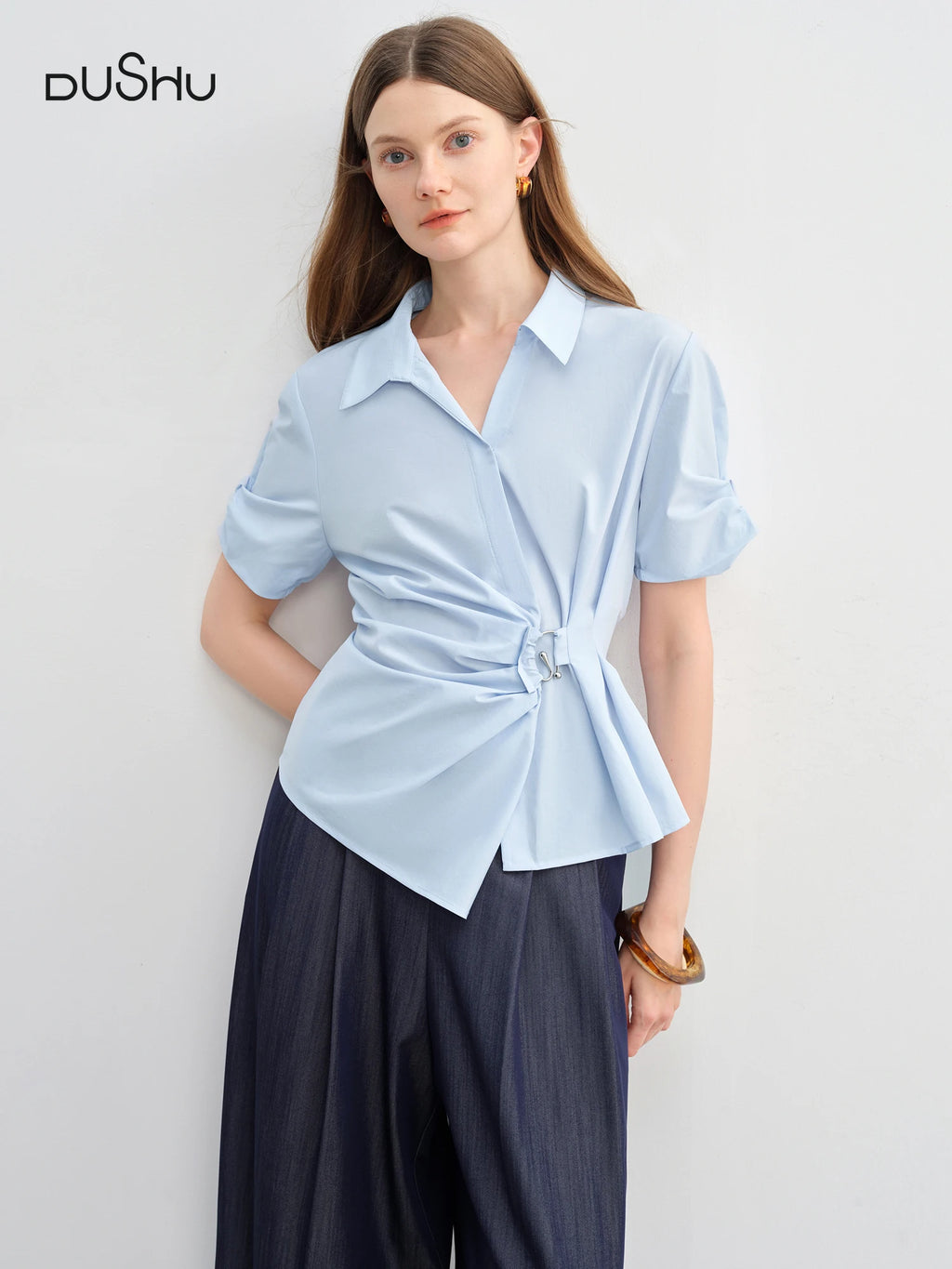 DUSHU 2025 Summer Women's Curve-Sculpting Wrap-Styled Blouse - Adjustable Metallic Ring & Breathable Linen for Office Chic