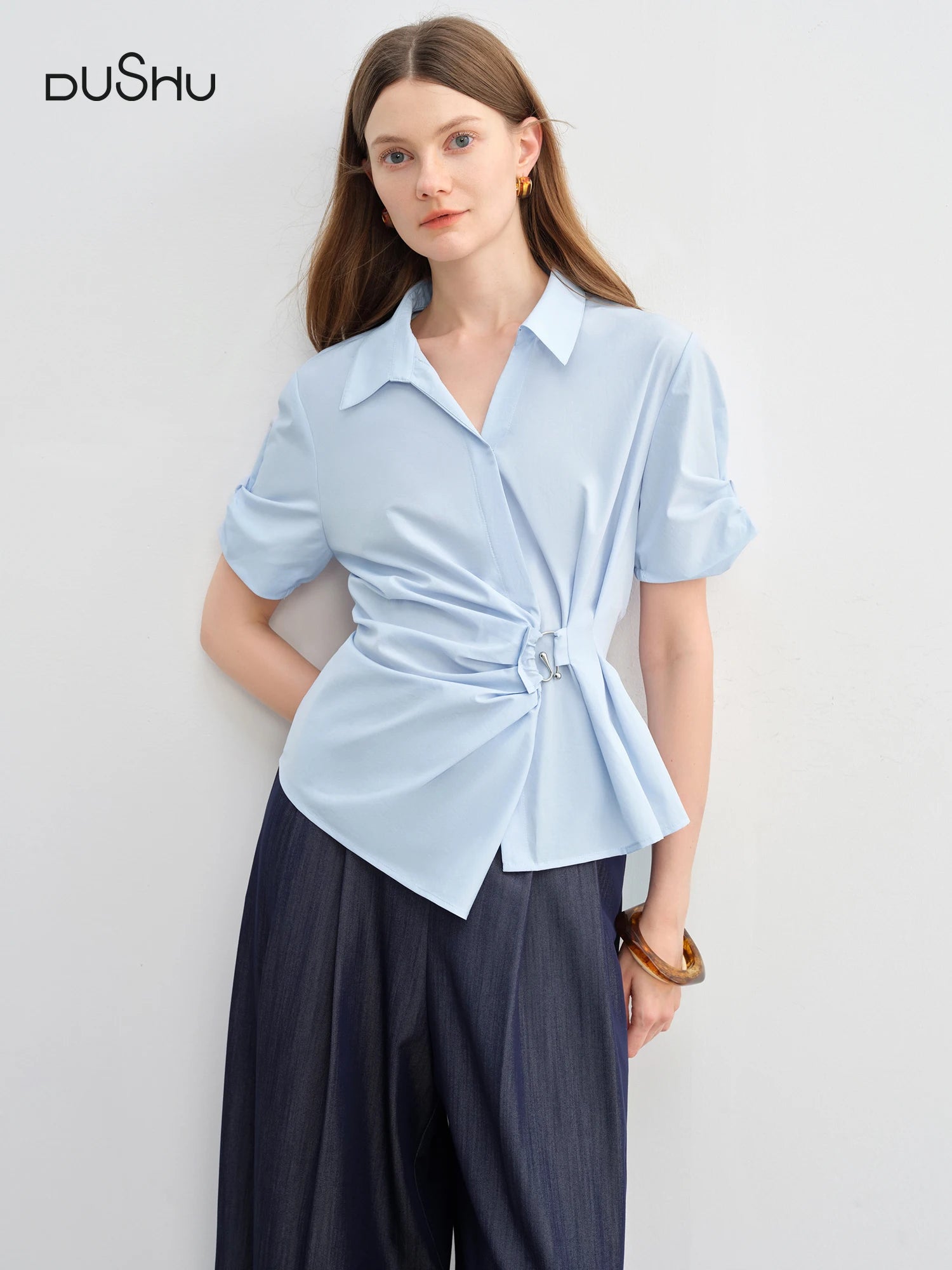 DUSHU 2025 Summer Women's Curve-Sculpting Wrap-Styled Blouse - Adjustable Metallic Ring & Breathable Linen for Office Chic