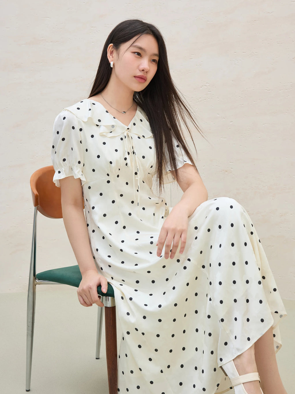 DUSHU 2025 Summer Women's Polka Dot Waist-Defining Dress - Romantic Flowy Skirt with Sweetheart Neckline for Feminine Elegance