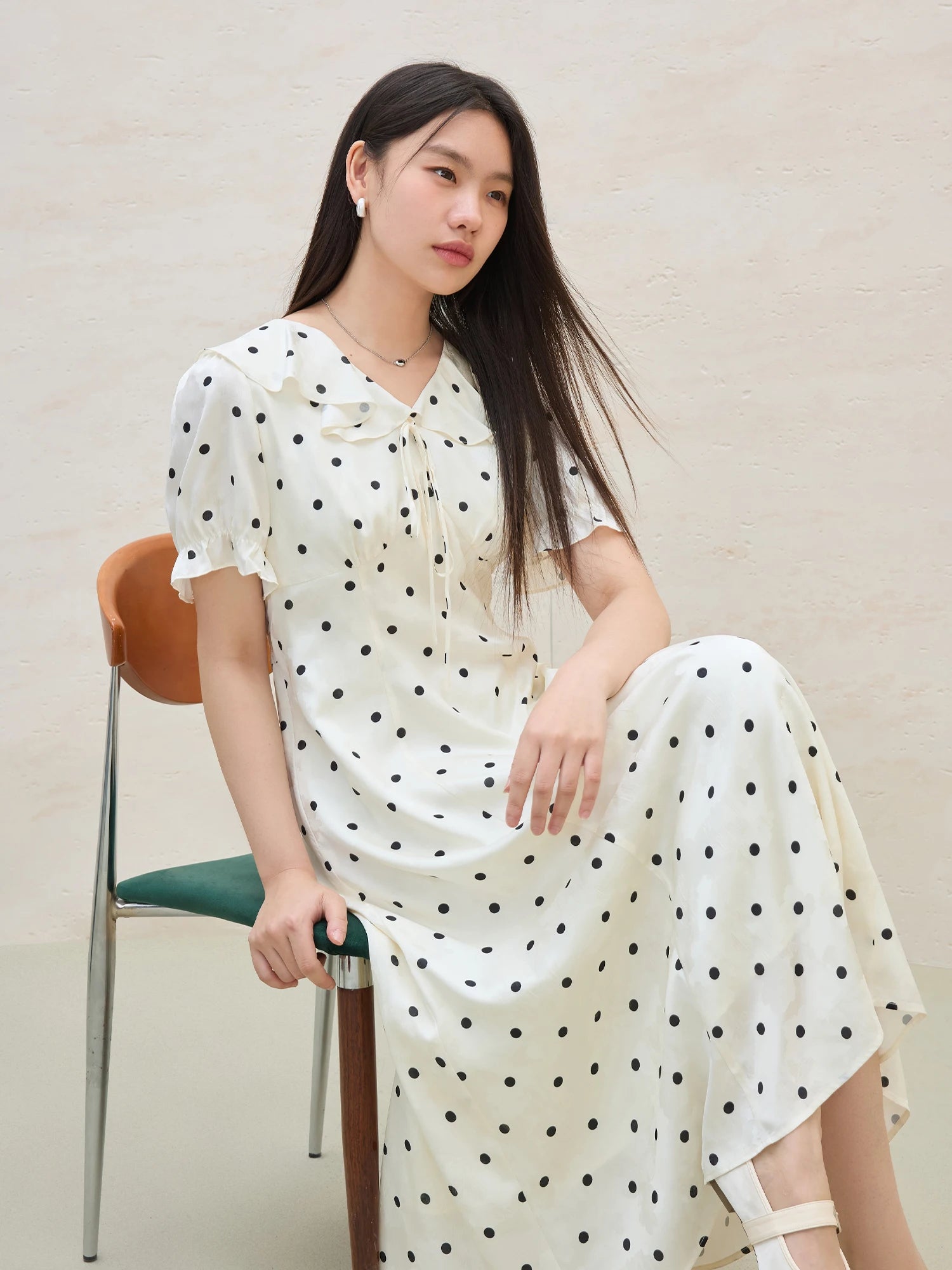 DUSHU 2025 Summer Women's Polka Dot Waist-Defining Dress - Romantic Flowy Skirt with Sweetheart Neckline for Feminine Elegance