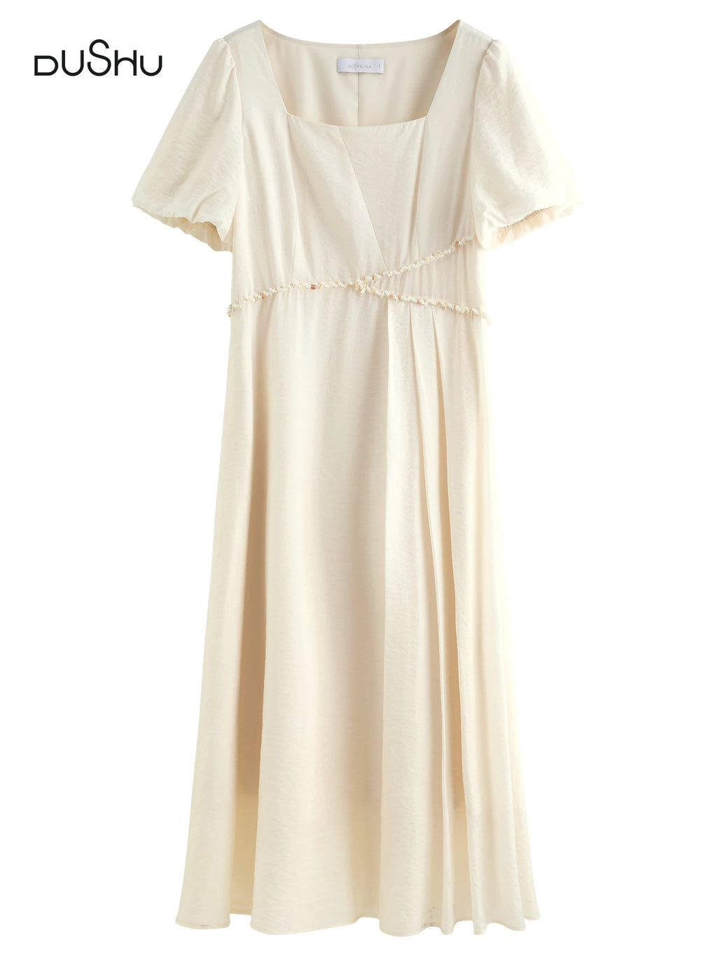DUSHU Plus Size Women French Style Square Neck Shell Lace Dress 2025 Summer Elegant Temperament Medium Long Dress 25DS82722