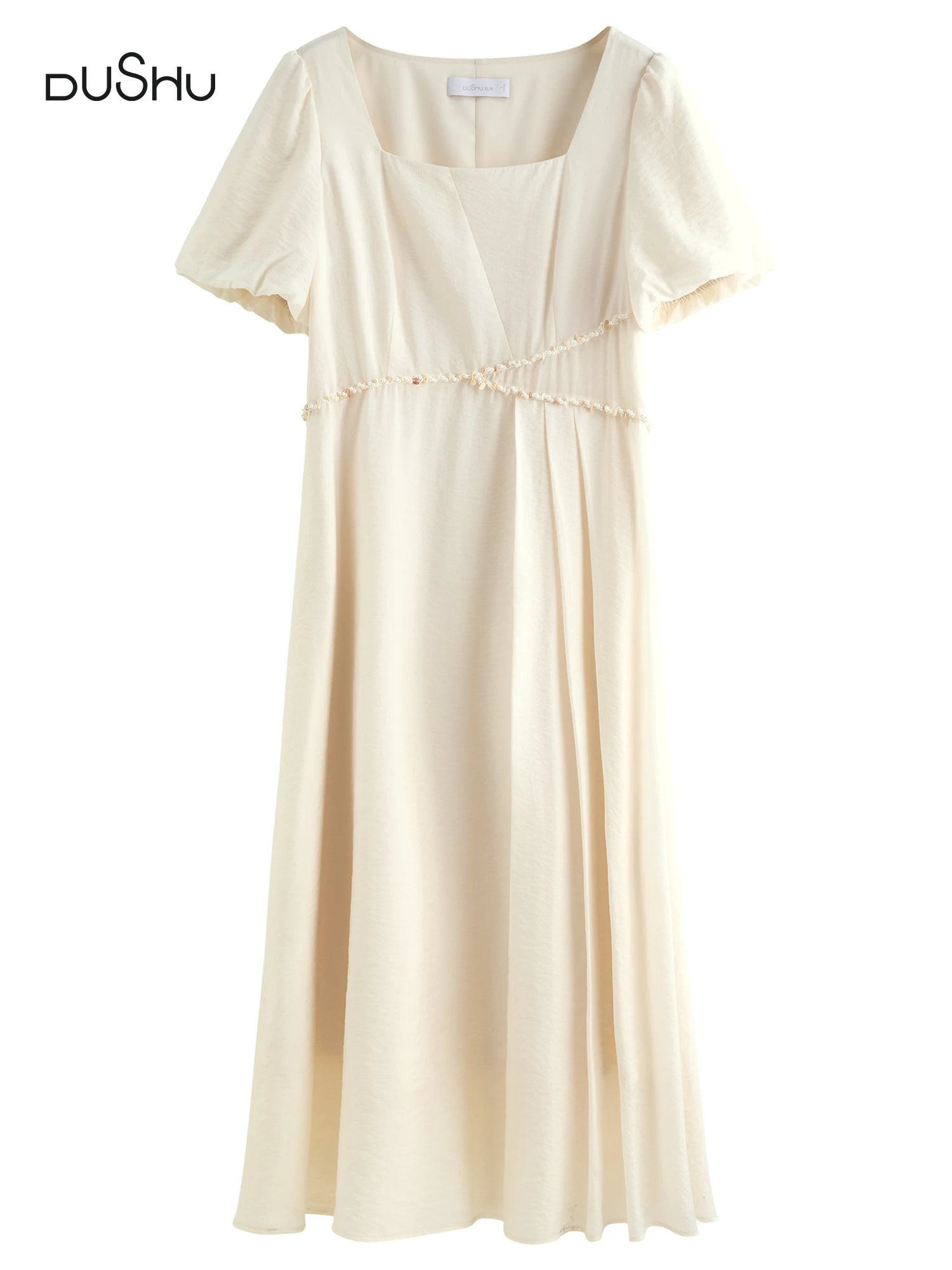 DUSHU Plus Size Women French Style Square Neck Shell Lace Dress 2025 Summer Elegant Temperament Medium Long Dress 25DS82722