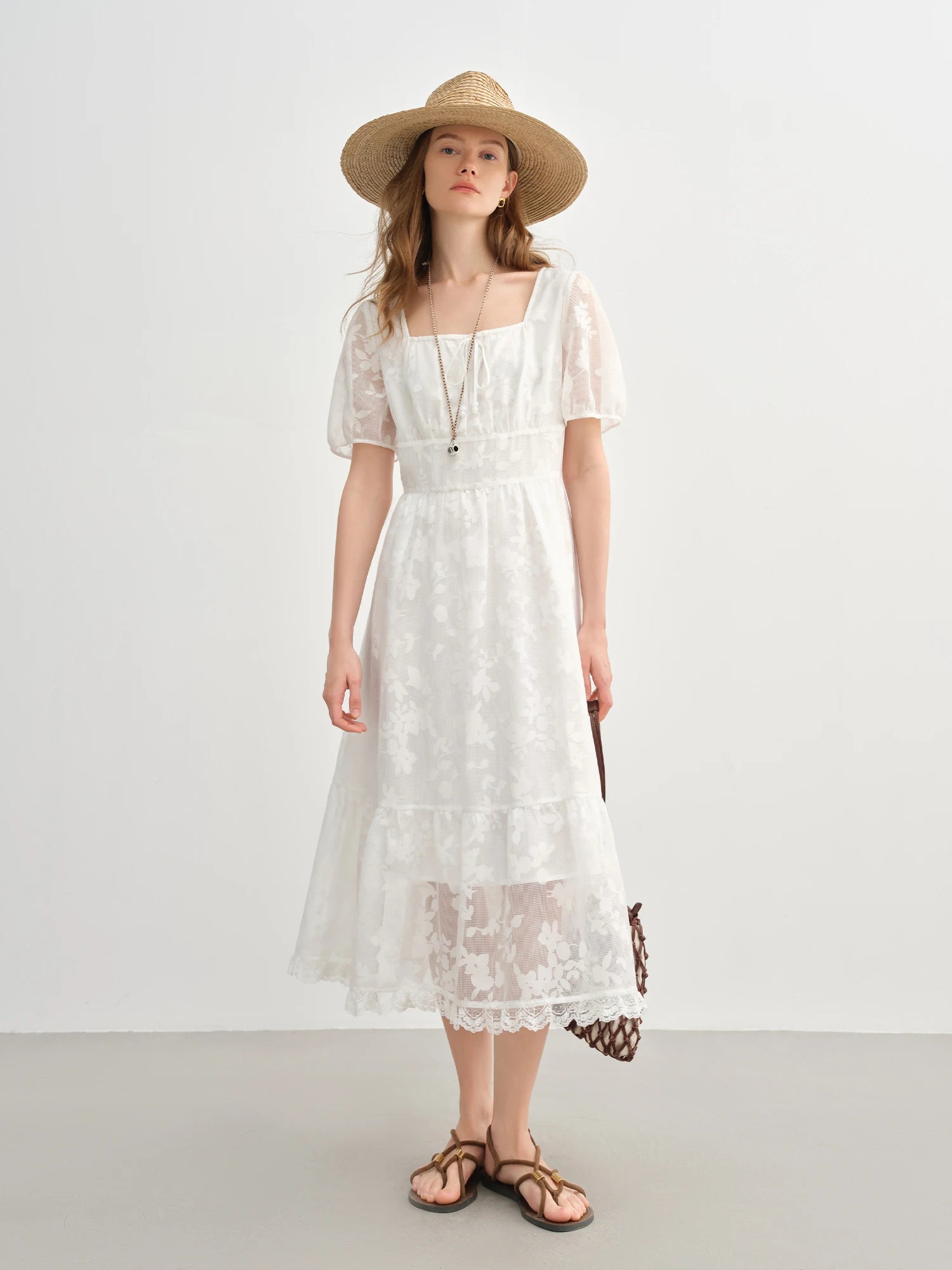 DUSHU Plus-Size Women's French Tie Square neckline Burnout Dress - 2025 Summer New Arrival Elegant Sweet White Dress 25DS82286