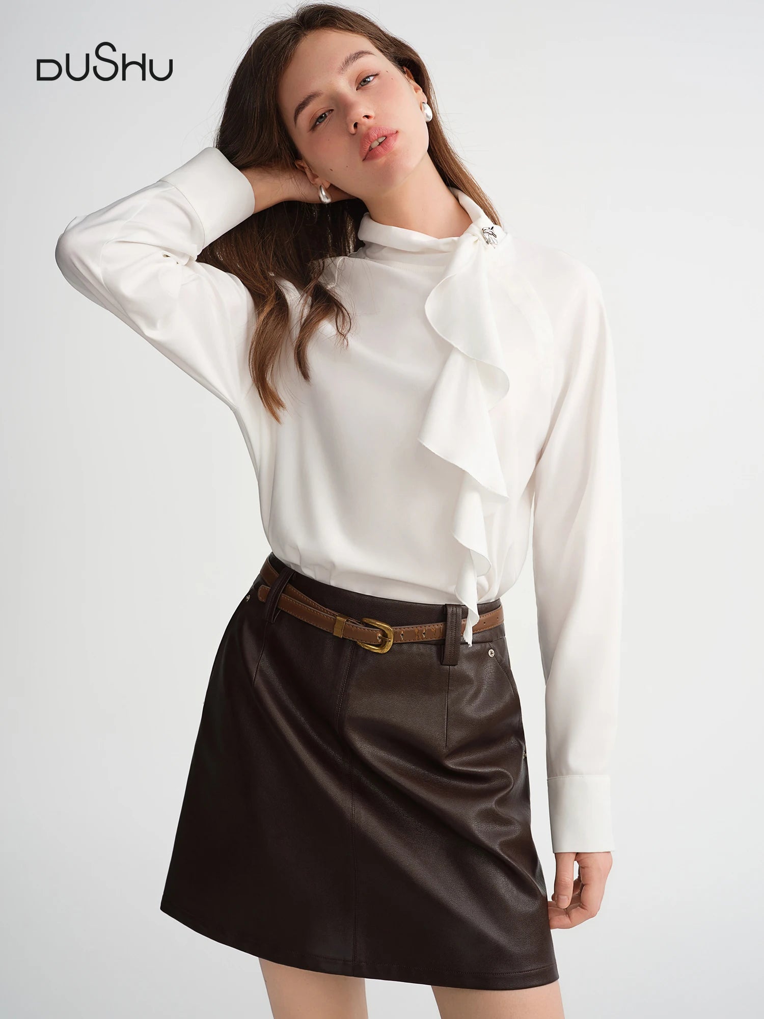 DUSHU Asymmetrical Skew Collar Shirts Women White Elegant Ladies Casual Temperament Slim Blouses Korean Style Winter Draped Tops