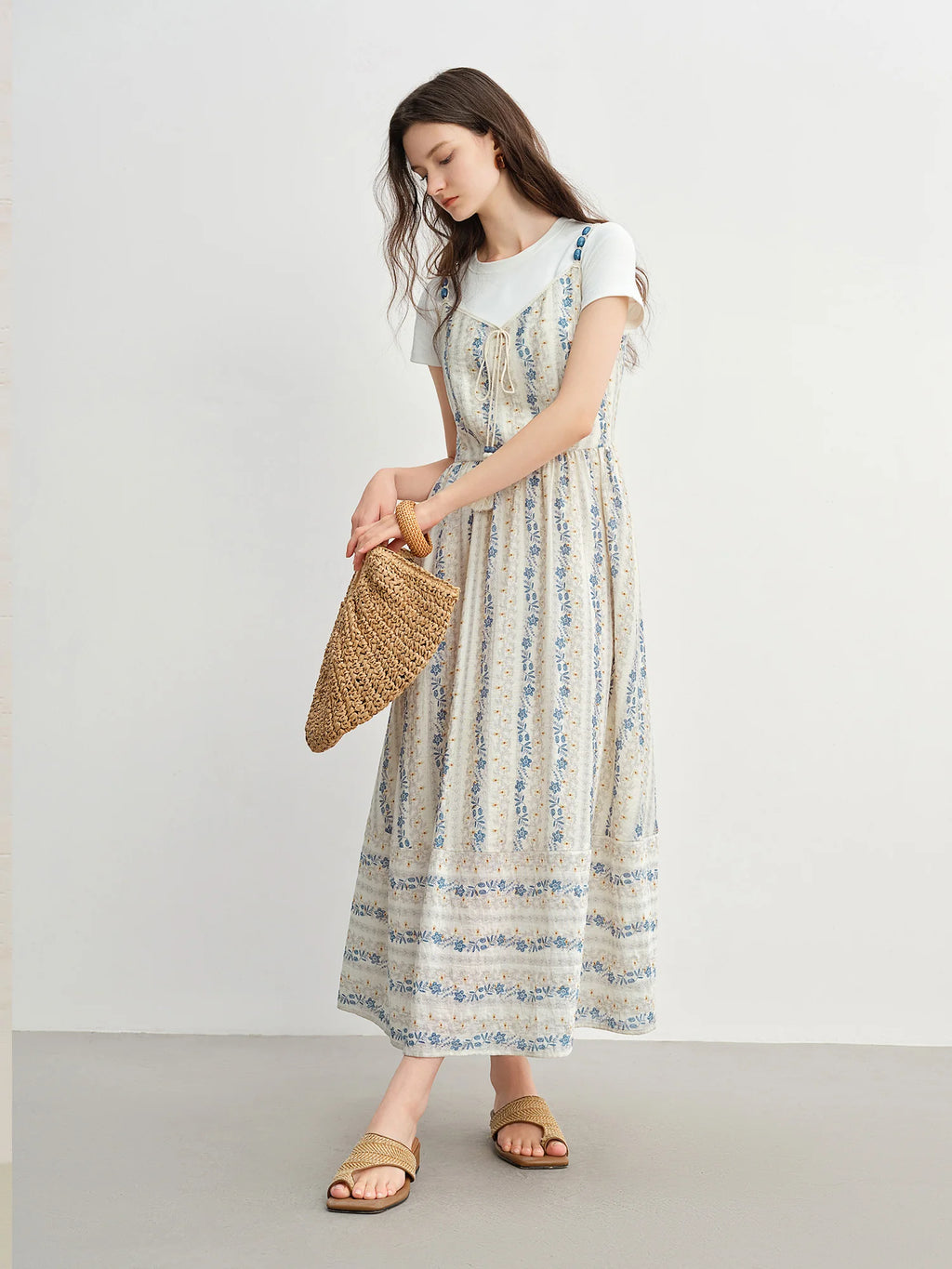 DUSHU Summer 2025 Textured Bead Sundress - Fluid Tassel Adjustable Tie Resort to Office Casual Fresh Style