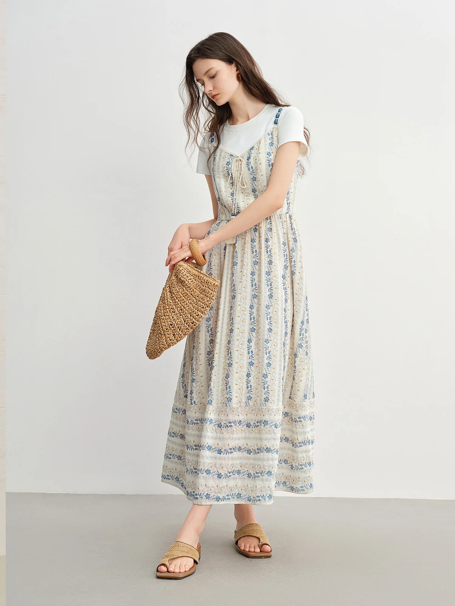DUSHU Summer 2025 Textured Bead Sundress - Fluid Tassel Adjustable Tie Resort to Office Casual Fresh Style