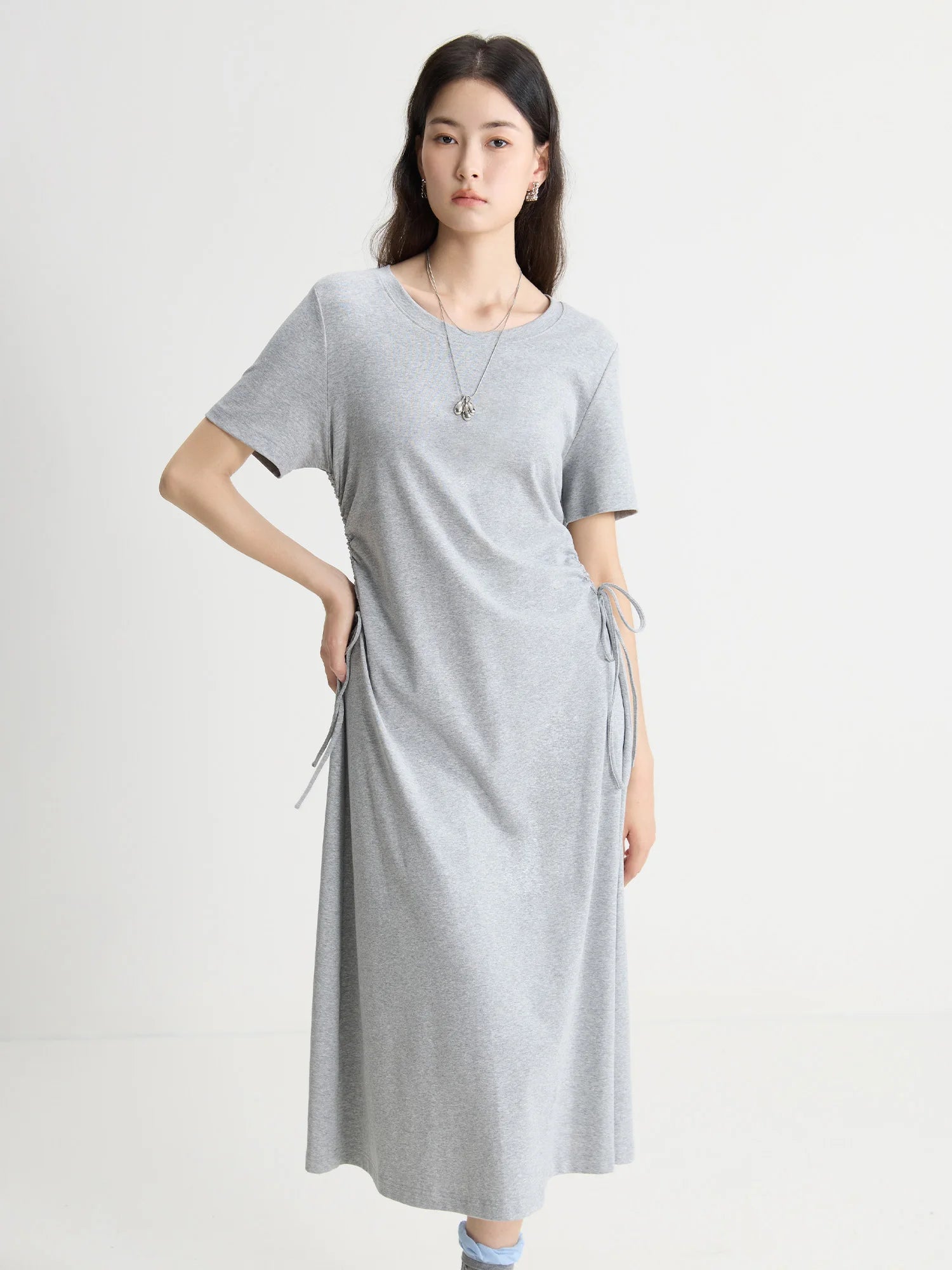 DUSHU【3 Colors】Women T-Shirt Dress Round Neck Casual Female Spring New Long Simple Dresses Pink Dress 24DY82827