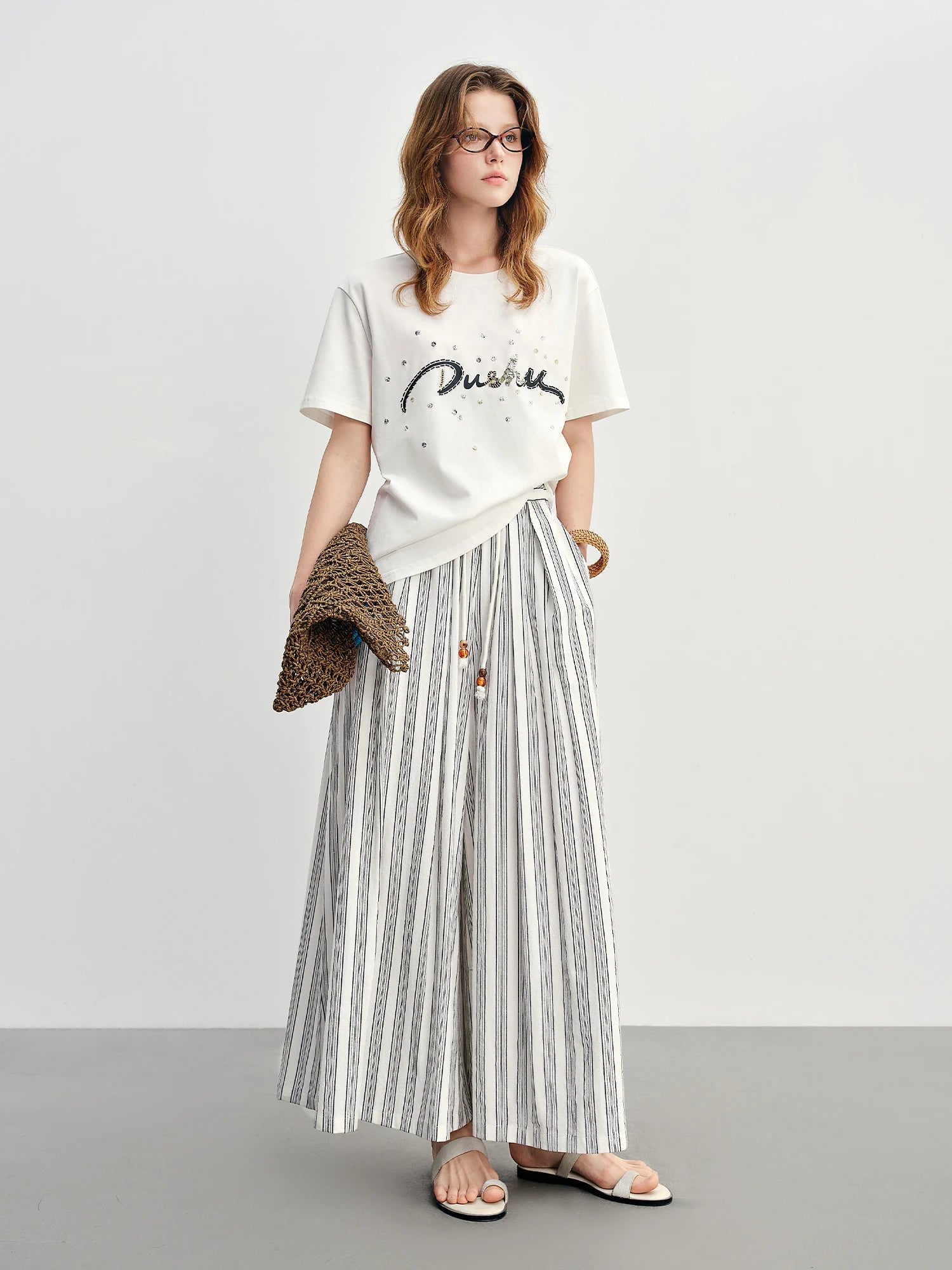 FSLE Summer 2025 Letter Print T-Shirt - Beaded Detail Round Neck Loose Fit Casual Top Women Fashion