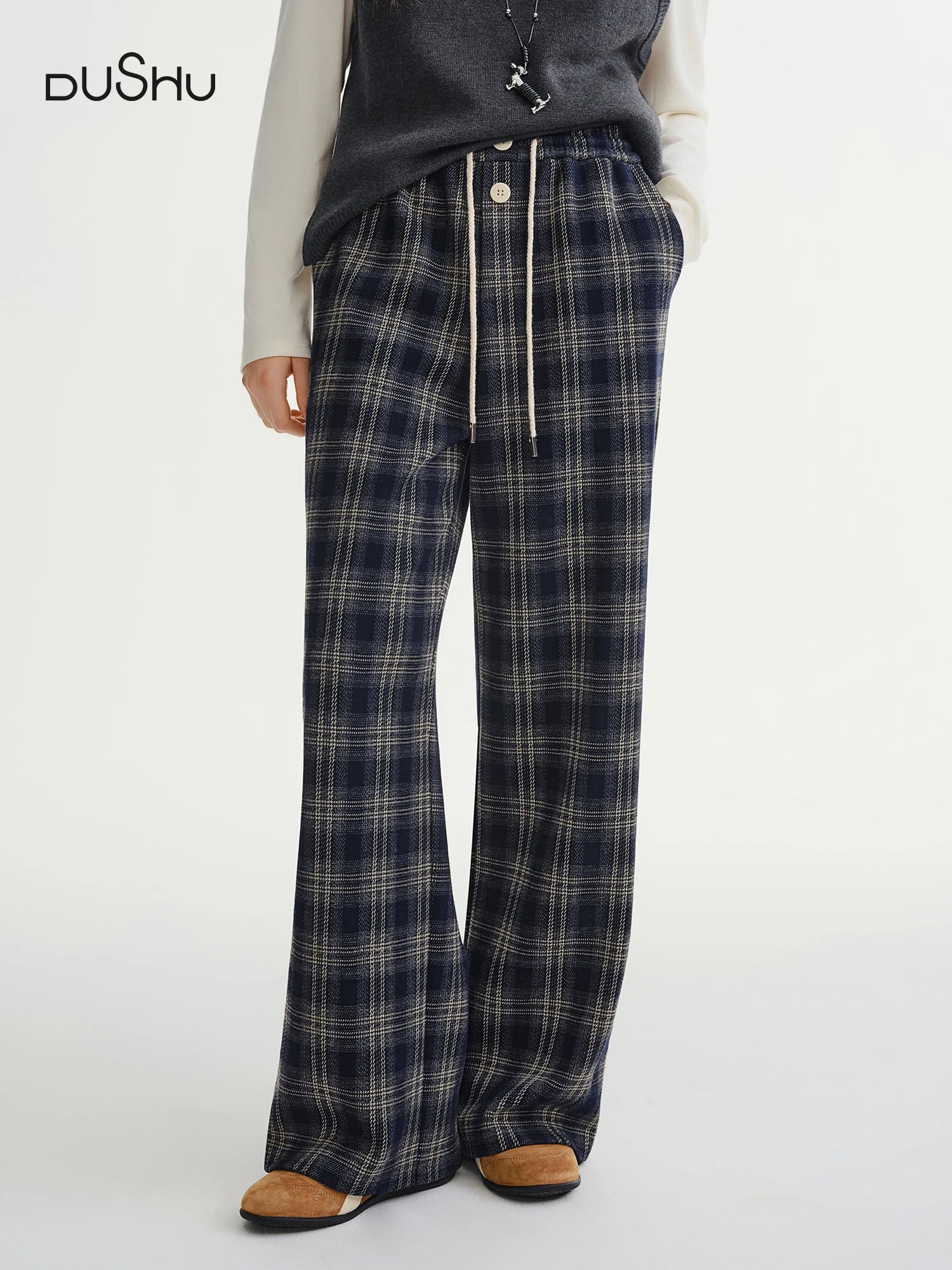 DUSHU 2025 Autumn Winter Women's Plaid Casual Trousers - Loose Fit with Drawstring Waist Retro Style for Everyday Comfort