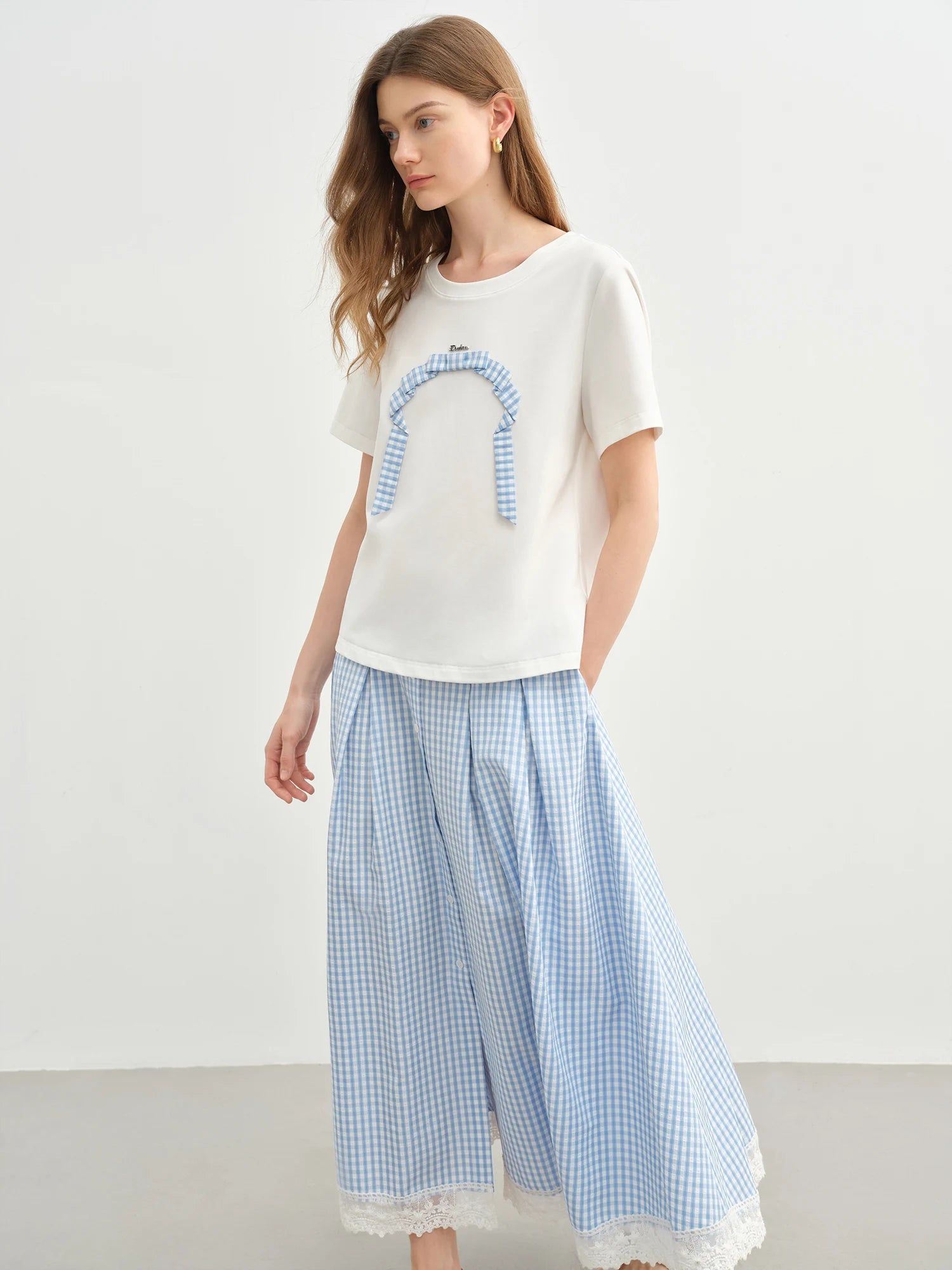 DUSHU Plus-size Women's Short Sleeve Round-neck T-shirt 2025 Summer New Arrival Origami Print Bow Top Shirt Tees 25DS82433
