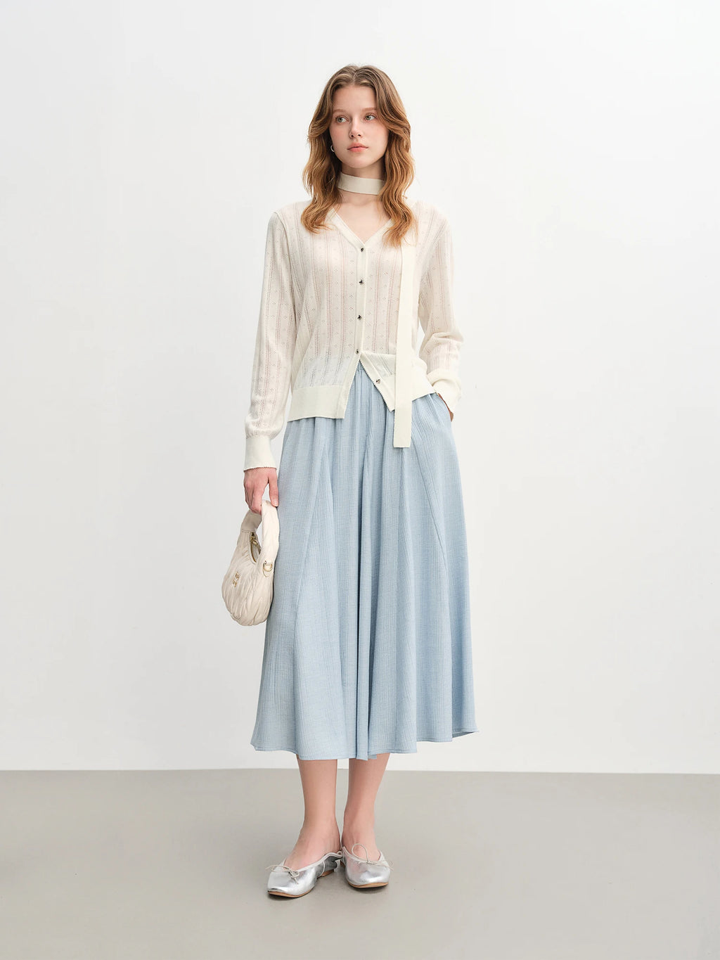 DUSHU Plus Size Women's A-line White Half Skirt 2025 New Autumn Arrival Pleated Textured Long Skirt 25DS83188
