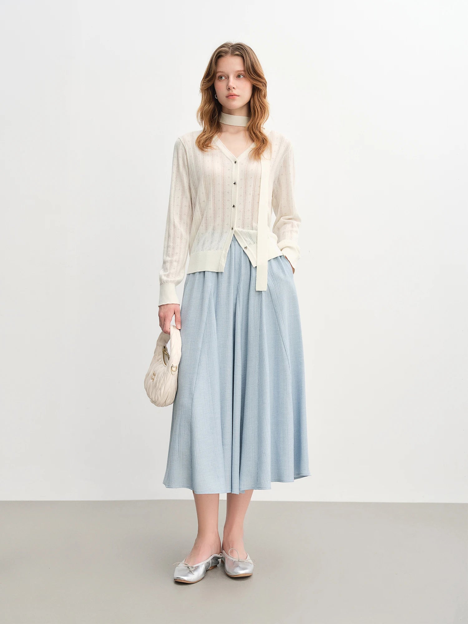 DUSHU Plus Size Women's A-line White Half Skirt 2025 New Autumn Arrival Pleated Textured Long Skirt 25DS83188