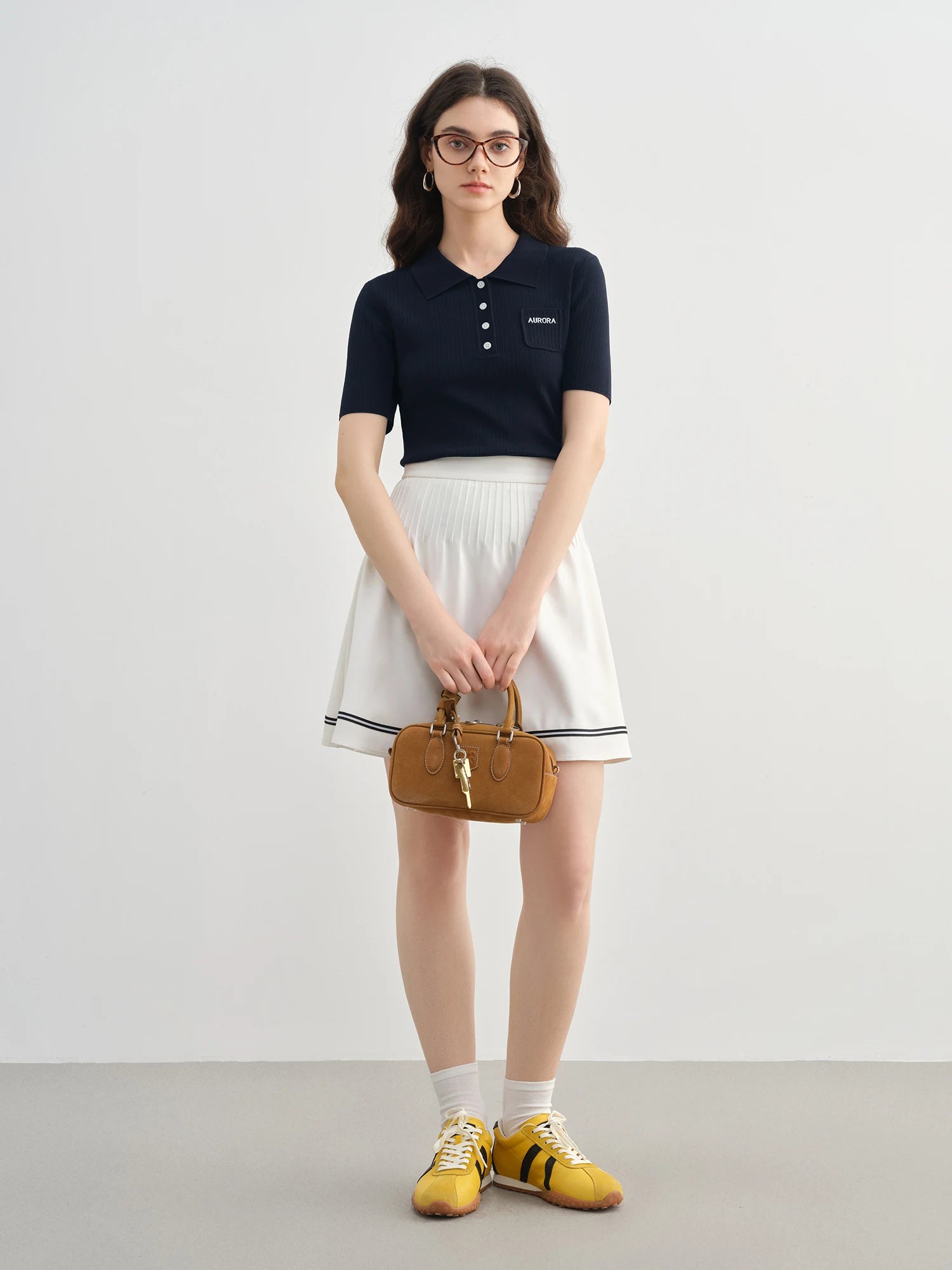 DUSHU Plus-Size Women's Preppy High-Waisted Contrast Fabric Skirt - Slimming 2025 Summer New Design White Skirts 25DS82441