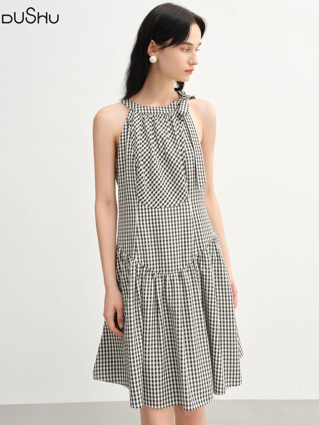 DUSHU Women Halter Neck Lace-up Plaid Dress 2025 Summer New Arrival Sweet Style Retro Halter Neck Casual Chic Dress 25DS82490