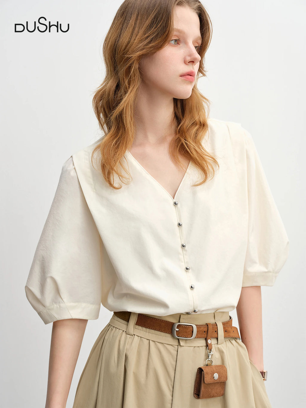 DUSHU V-neck Blouse Half Sleeve Solid Simple Ins Korean Style 2025 Autumn New Fashion Commuting All-match Slim Tops 25DS83178