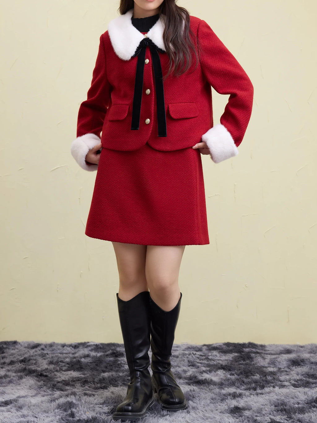 DUSHU 25.7% Wool Red Detachable Collar Elegant Style Suit 2024 Winter New Design Style Christmas Skirt Two-piece Set Red Jacket