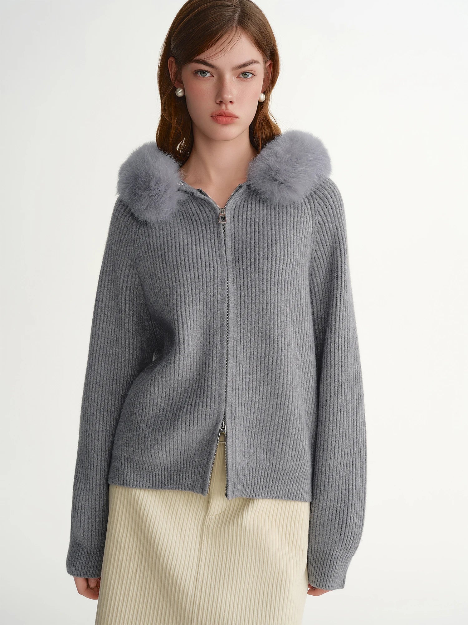 DUSHU 2025 Winter Women's Detachable Faux Fur Hooded Knit Cardigan - Long Sleeve Open Front Cozy Sweater for Casual Outerwear