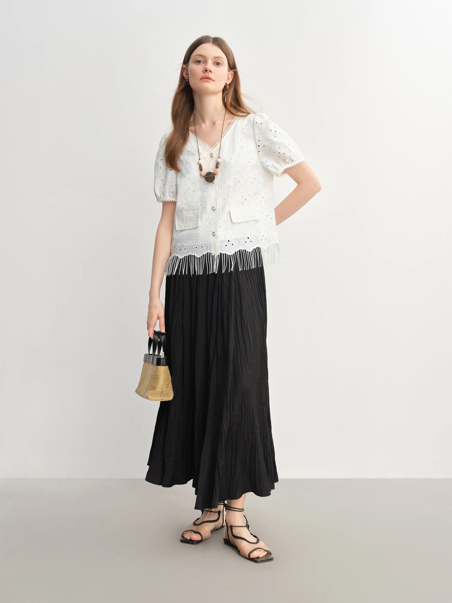 DUSHU Women White Chic Shirt Summer 2025 New Arrival Lace Embroidery Hollow Fat Tassel Casual Shirt Holiday Outfit 25DS82911