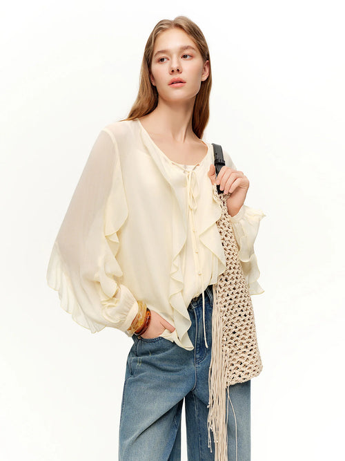 DUSHU 2026 Spring Women's Flounce Trim Blouse V-Neck Design - Elegant Flowy Chiffon Top for Office Commute and Casual Wear