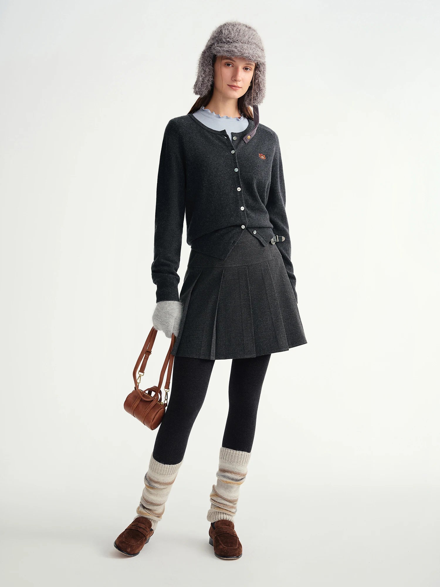 DUSHU Long Pleated Skirt Women Gray Solid Simple Basics 2025 Autumn and Winter High Waist A-line Mini Skirt Korean Style
