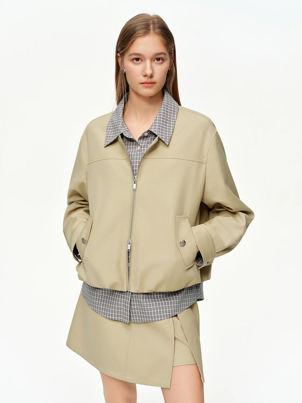DUSHU 2025 Spring Women Faux Two-Piece Plaid Panel Short Jacket - Retro Flattering Fit Cropped Outerwear for Casual Daily Wear