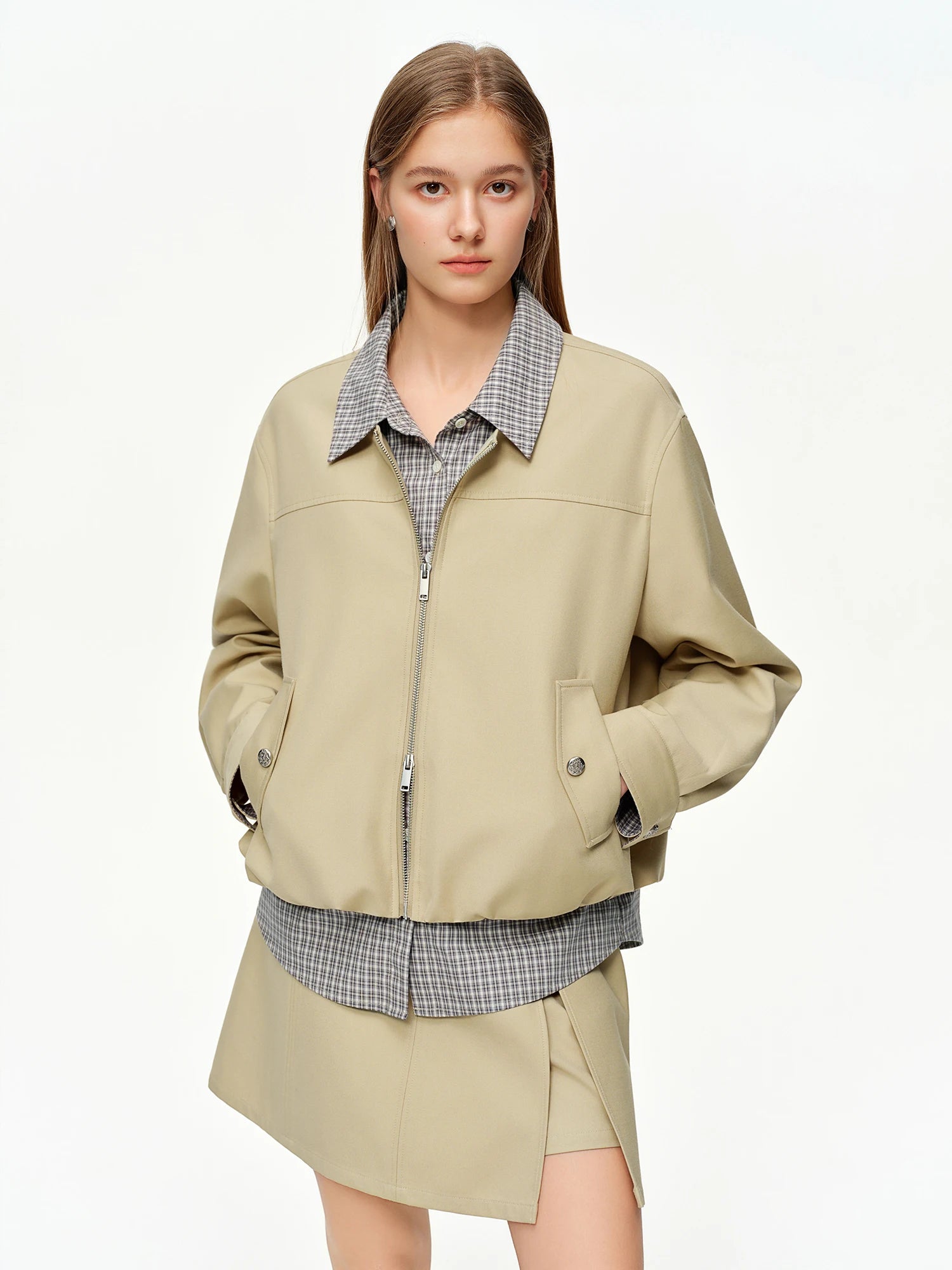 DUSHU 2025 Spring Women Faux Two-Piece Plaid Panel Short Jacket - Retro Flattering Fit Cropped Outerwear for Casual Daily Wear