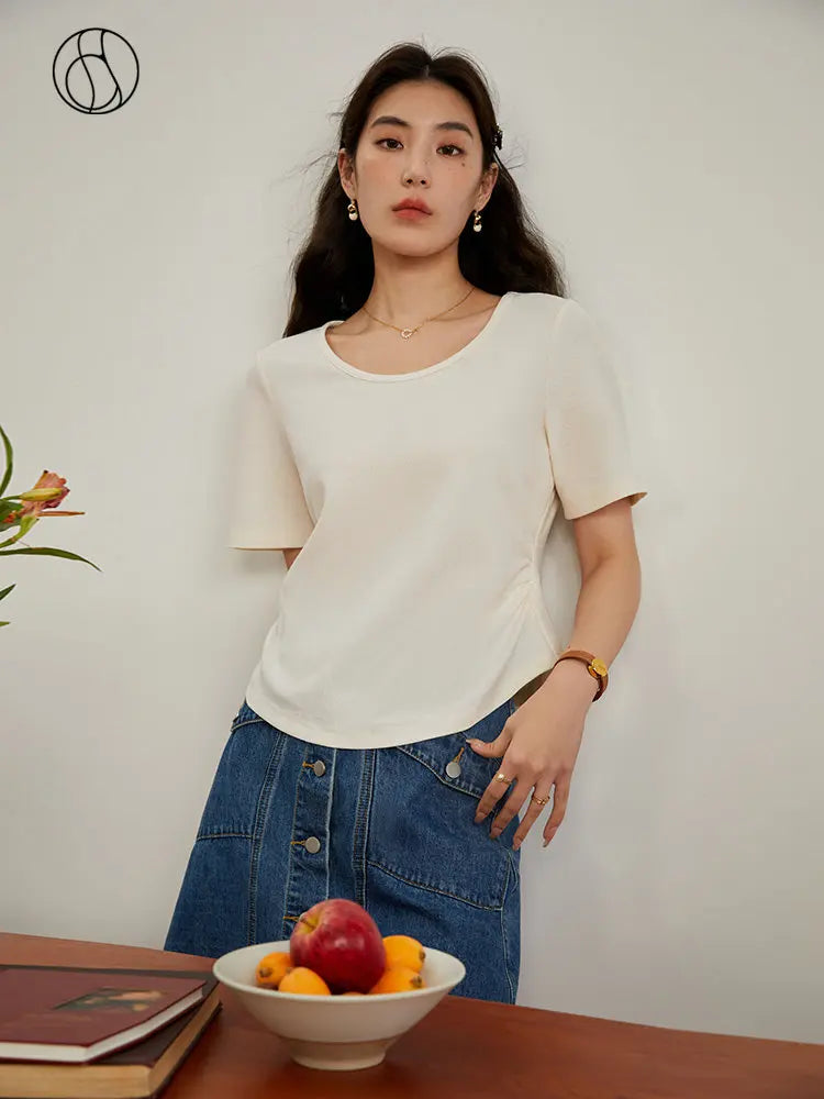 DUSHU Simple Round Neck Short-sleeved T-shirt for Women Summer New All-match Slim Thin Solid Color Short Top for Female