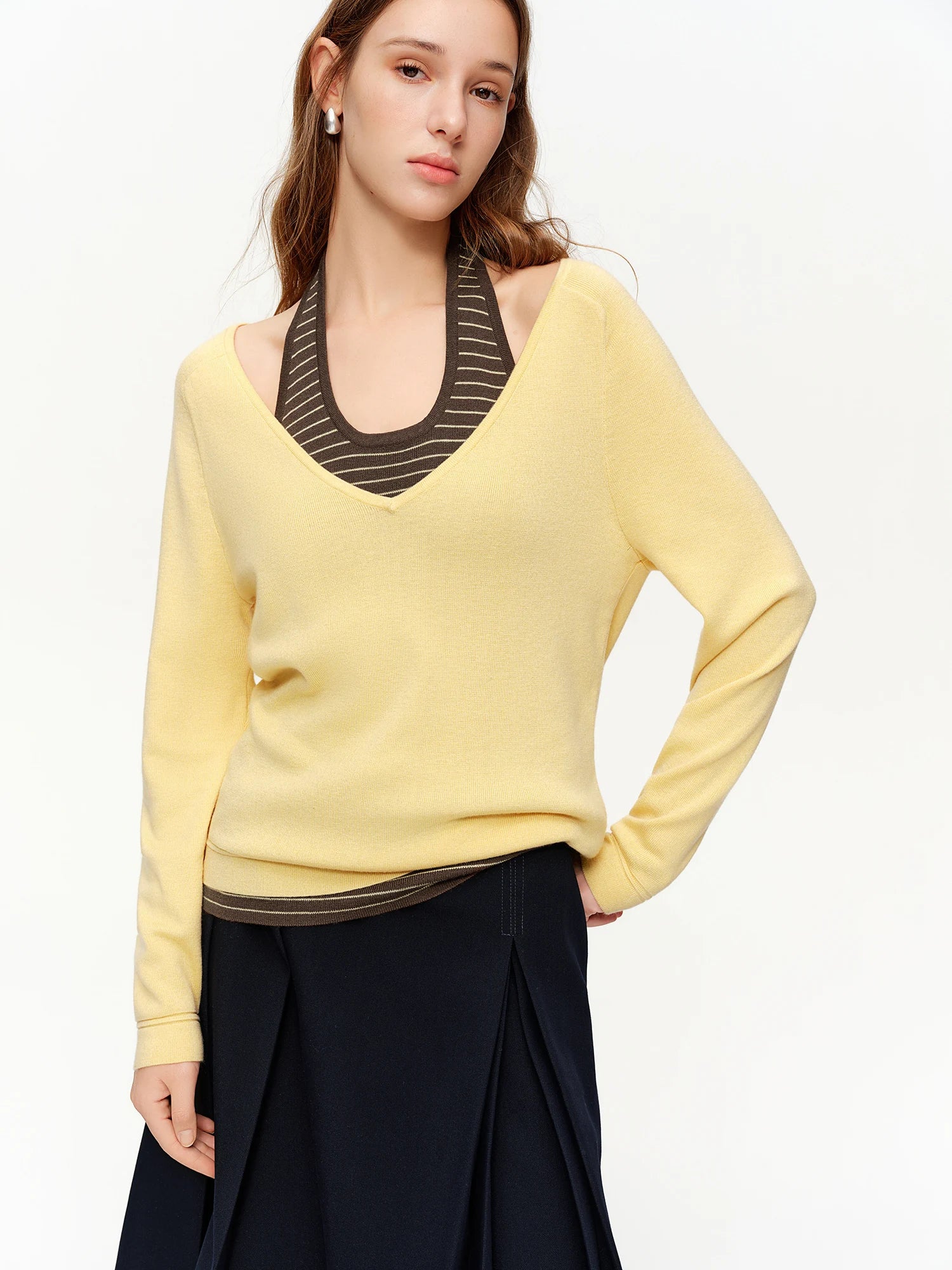 DUSHU 2026 Spring Plus Size Women's Halter Neck Vest & V Neck Knit Two Piece Set, Y2K Cropped Top Long Sleeve Coquette Outfit