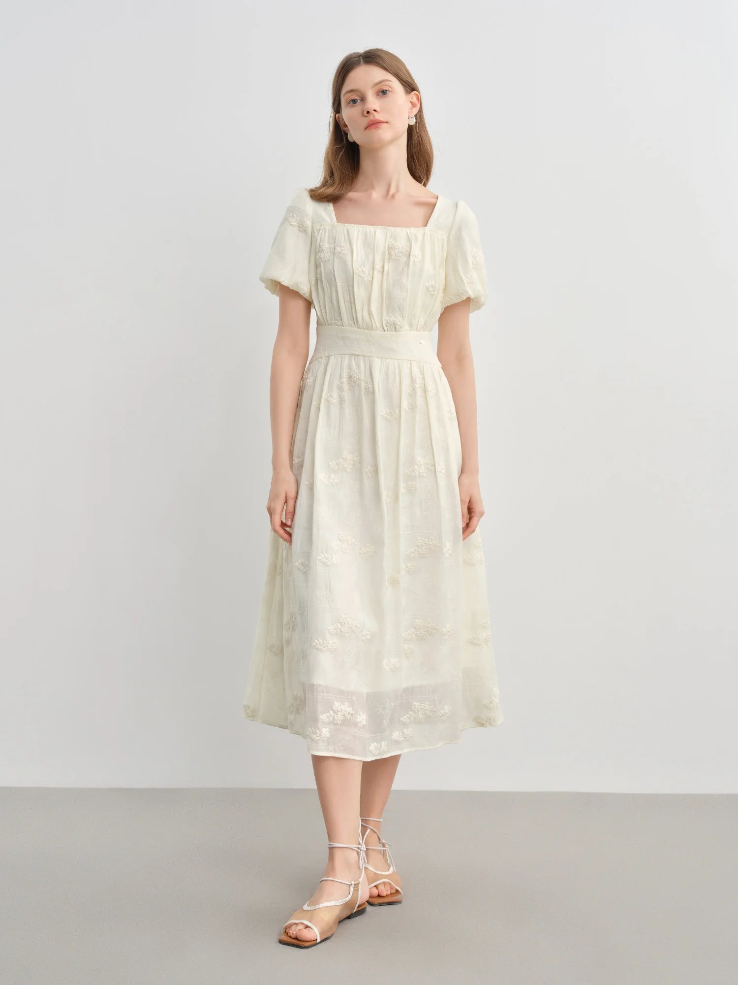 FSLE Summer 2025 Women's Square Neck Dress - Floral Embroidered Tea Length Relaxed Fit Maxi with Flutter Sleeves