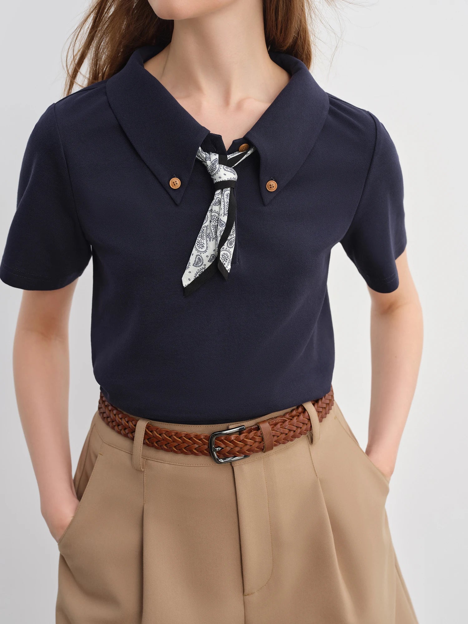 DUSHU Plus Size Women Waistflower Scarf Pattern Short Sleeve Polo Collar T-Shirt New 2025 Arrival Relaxed Fit 25DS82918