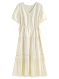 DUSHU 2025 Summer Women's Curve-Flattering Tiered Hem Dress - French-Inspired Design & Breathable Linen for Hourglass Silhouette