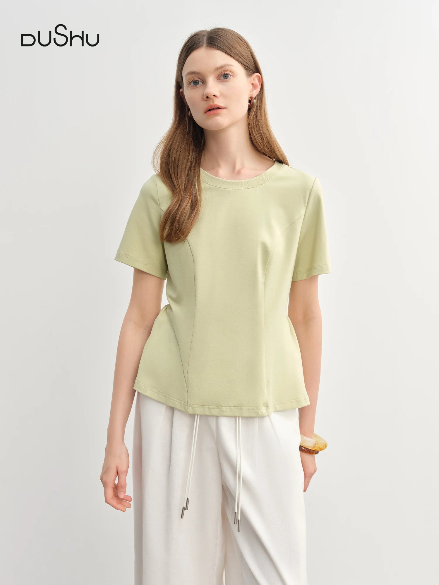 DUSHU Plus Size Women's  Princess Line Split Curved Hem Pleated Slimming T-Shirt New Arrival Tees Tops 25DS82926